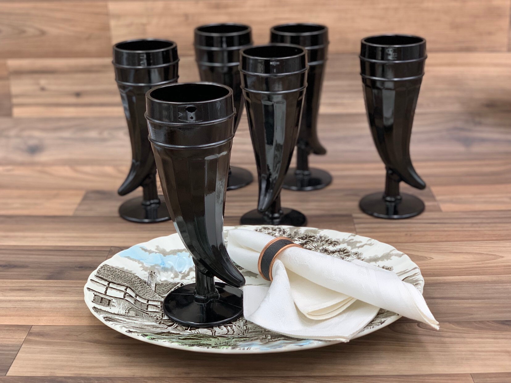 Vintage Powder Horn Glasses, Black Glass Horn Shaped by Tiara, Set Of 6, Gift for Him