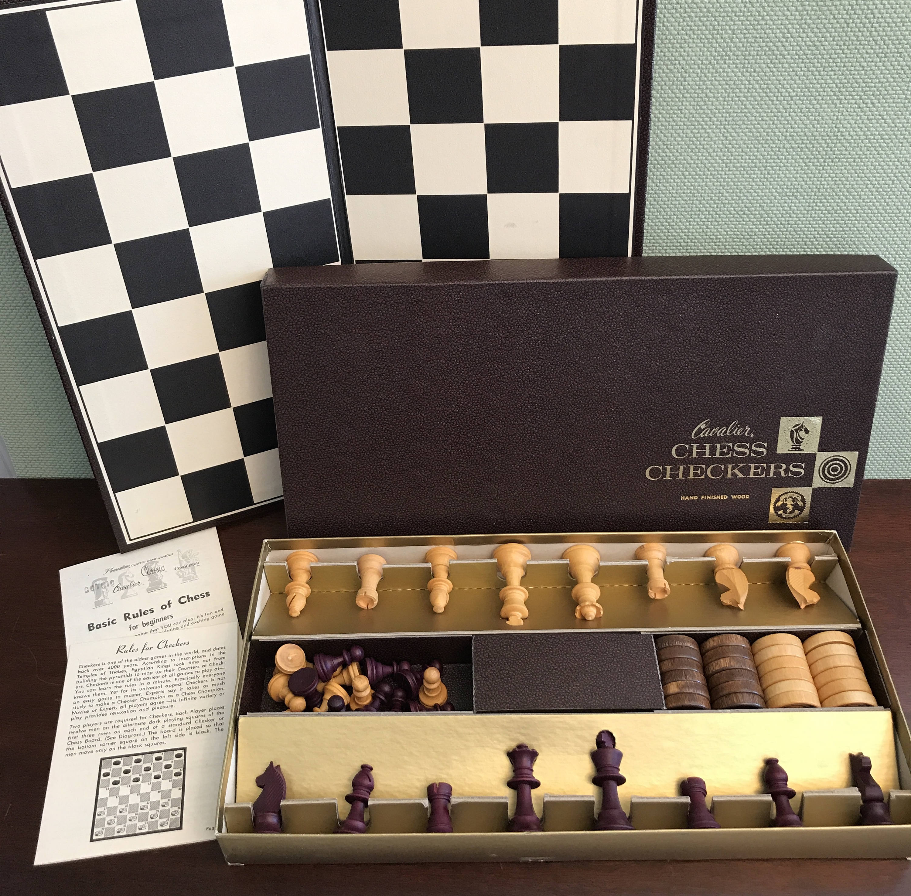Vintage Wood Chess Checkers Set, Hand Finished Wood Checkers Chess set ...