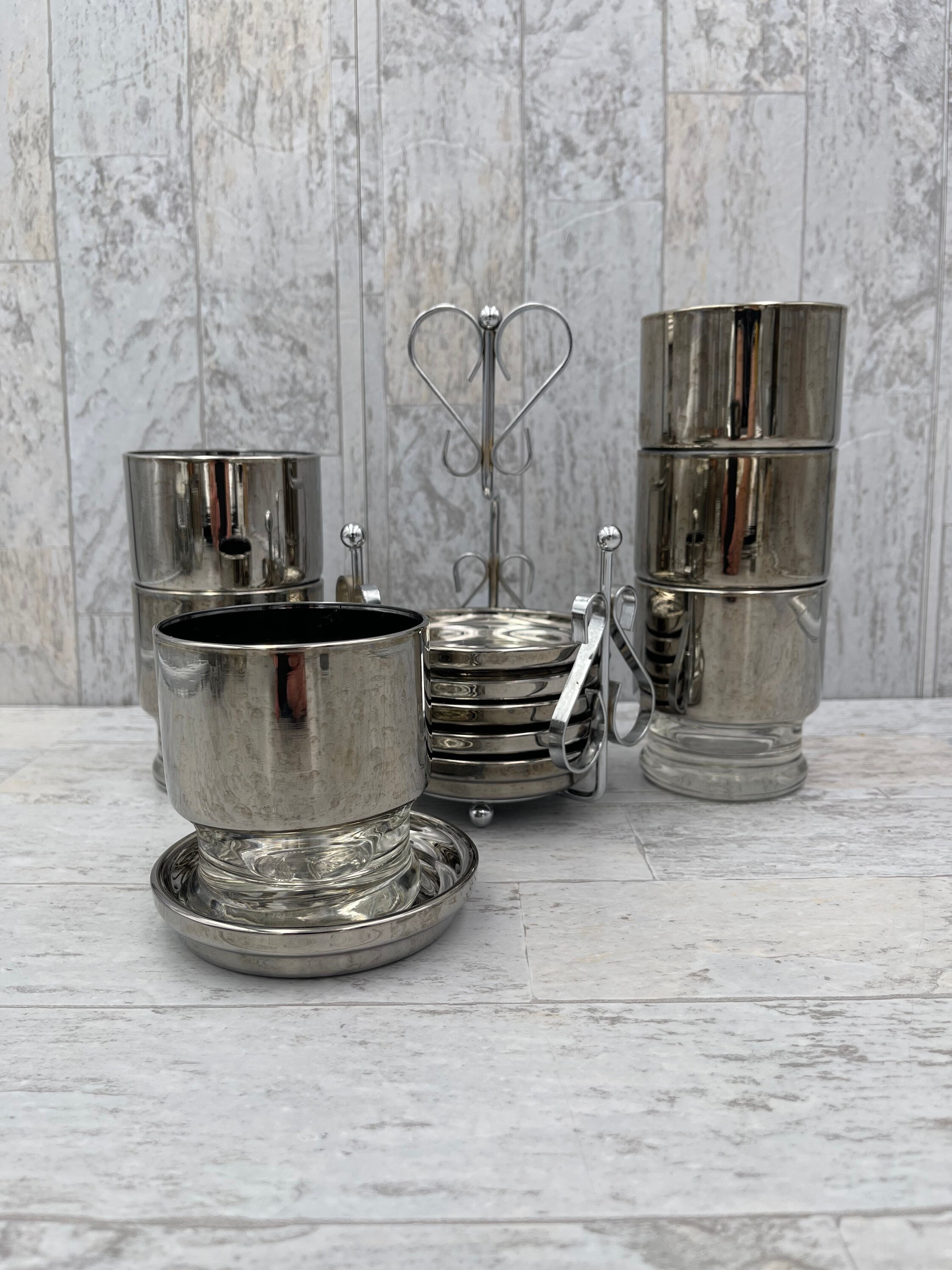 Vintage Silver Band glasses and coasters in caddy, MCM glassware ...