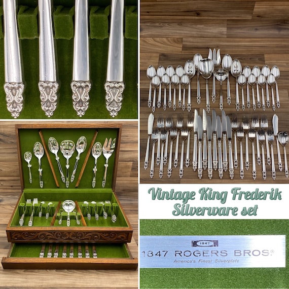 Vintage King Frederik Flatware Set in Silverware Chest, 1847 Rogers Bros, Service for 8, Serving set, Wedding Gift