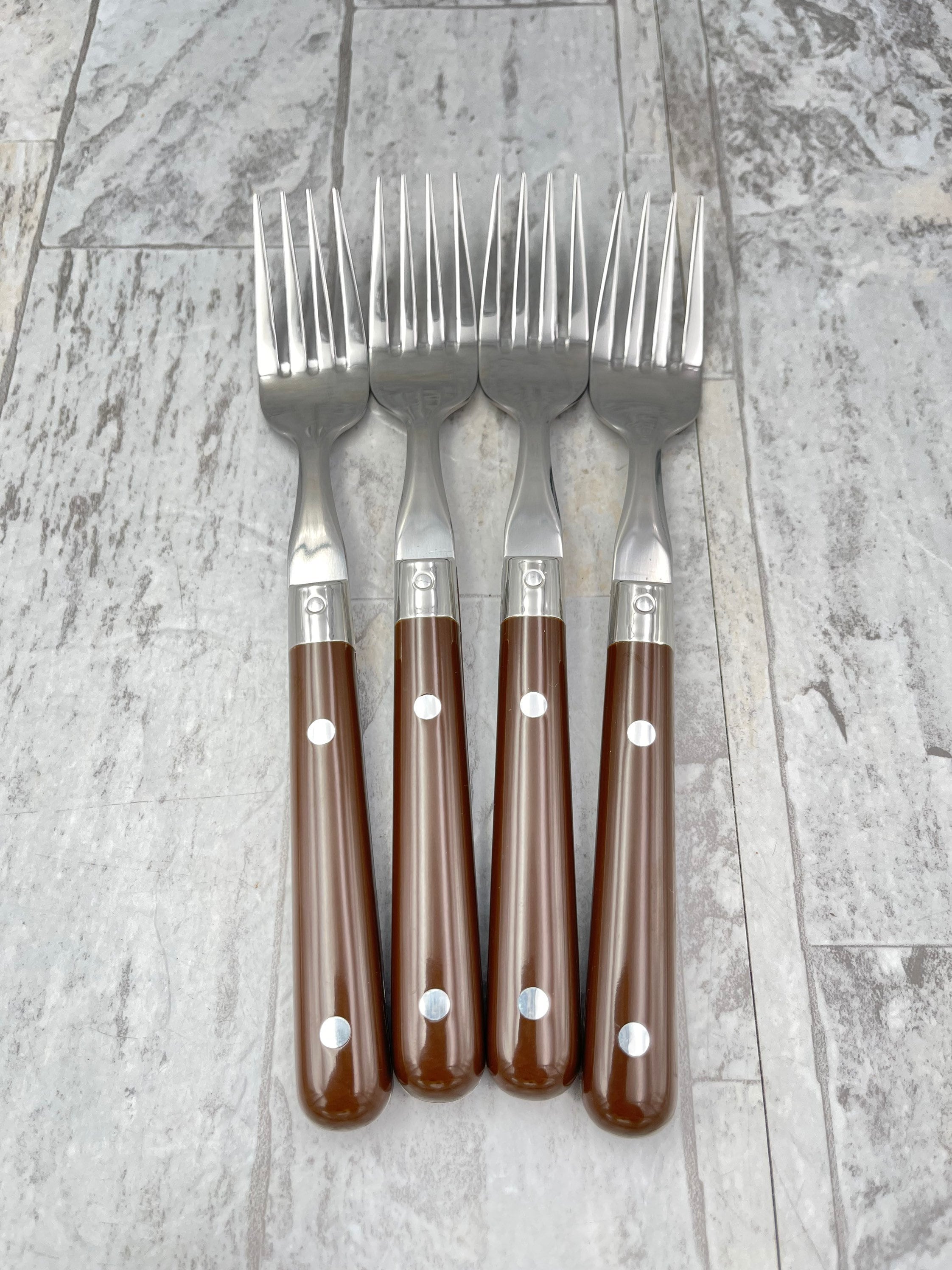 Vintage Flatware set with riveted Brown Plastic Handles, Rustic Cabin, Vintage TrailerCamping