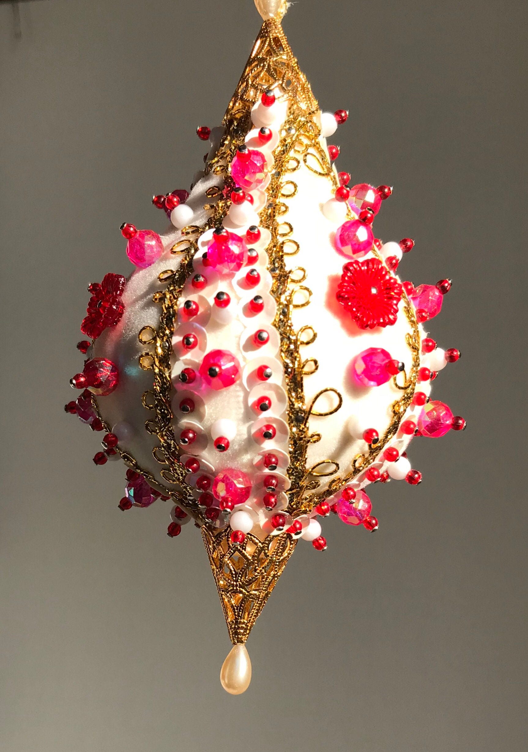Vintage Beaded Sequined Christmas Ornament, gold pink Bauble, Ornate