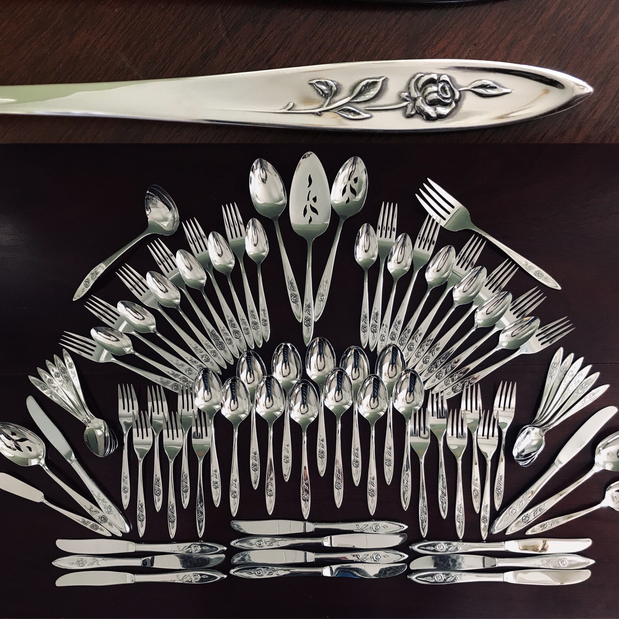 Oneida My Rose Stainless Flatware set, Service for 12 in Chest, Serving
