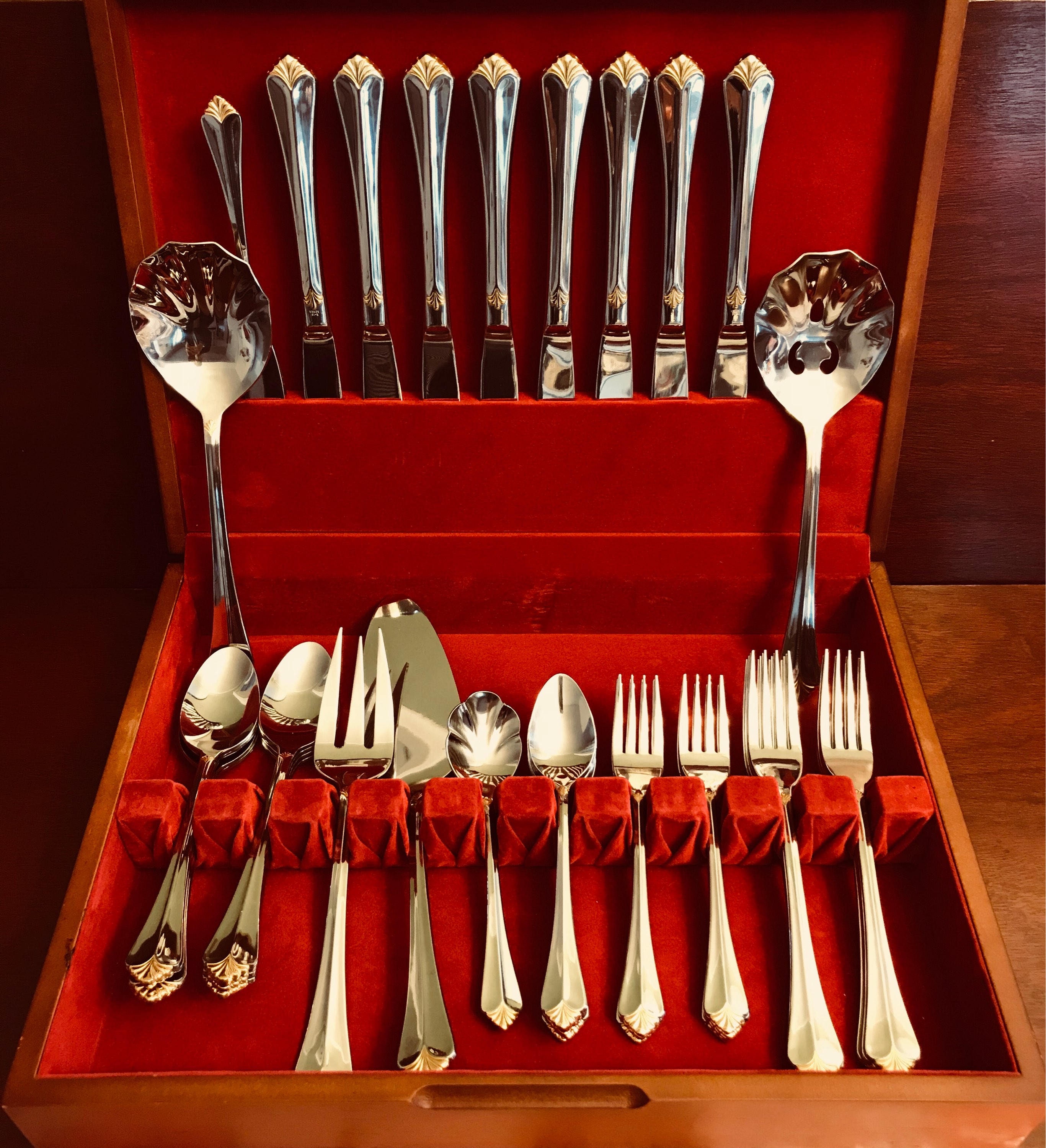 Vintage Flatware set, Retroneu Whitney Gold, Stainless Gold accents, 46