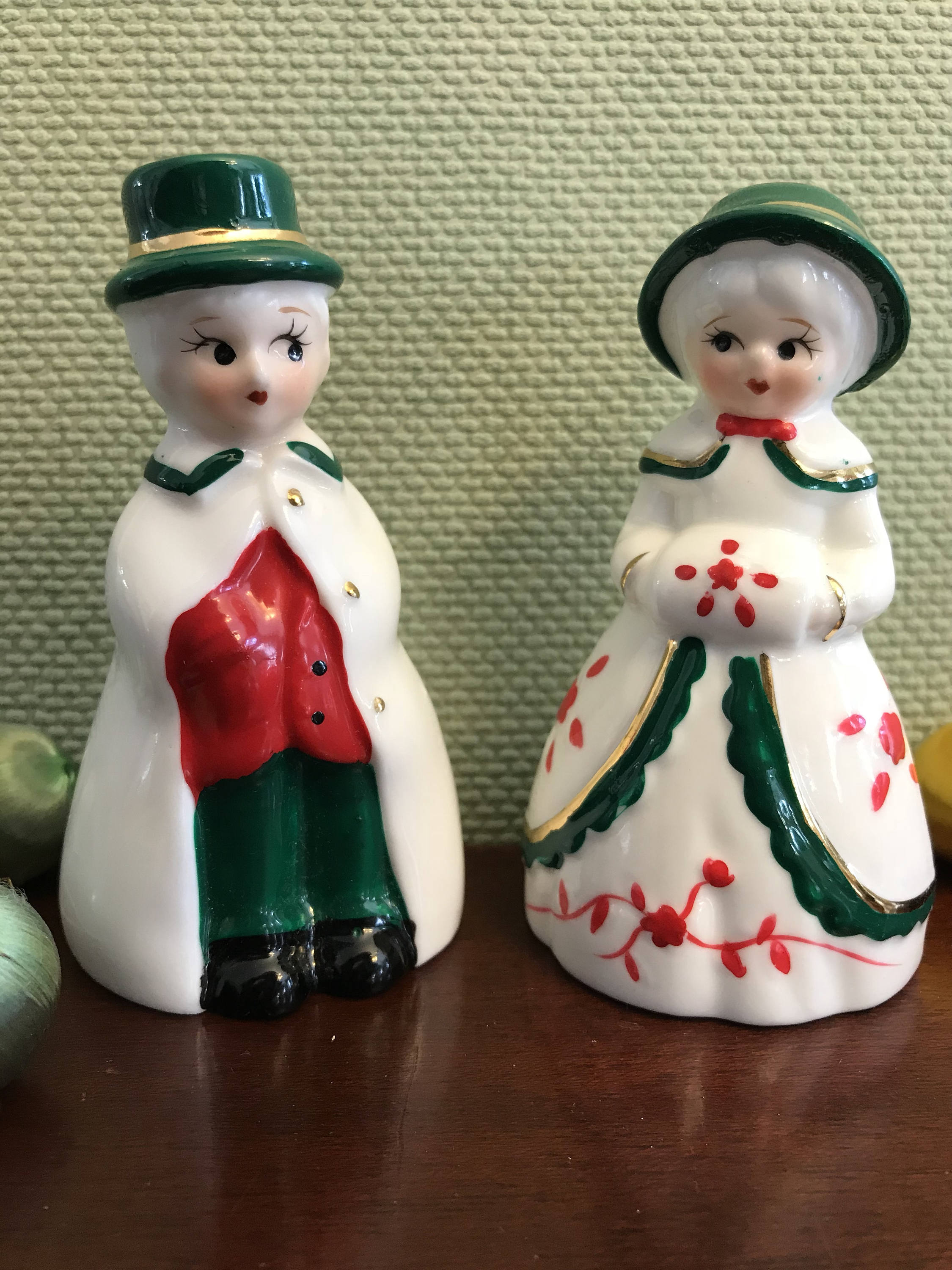 Vintage Christmas Bell Figurines, Hand painted Victorian couple
