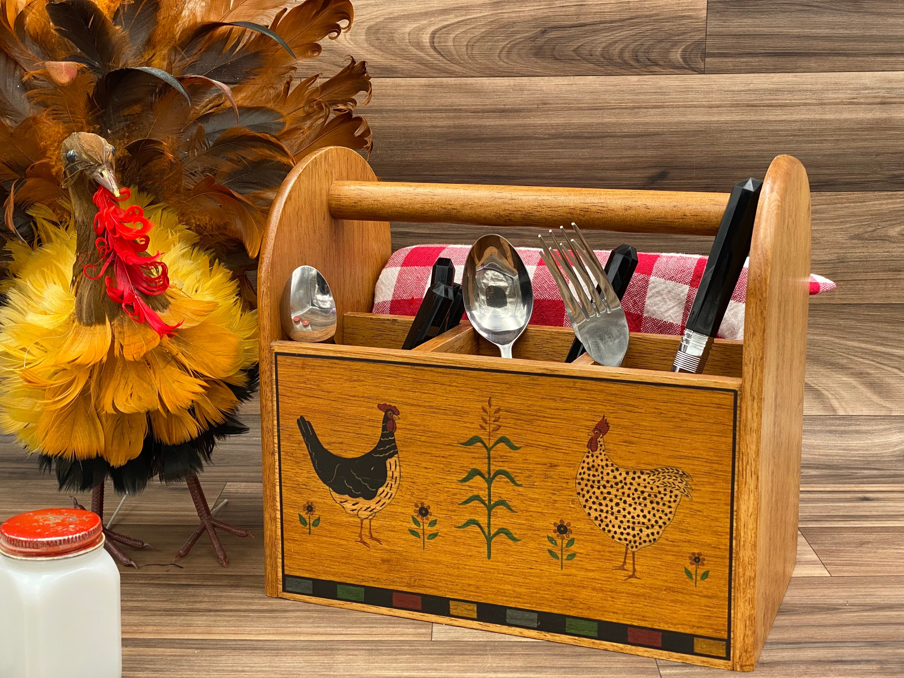 Vintage Flatware caddy, Country Kitchen Roosters and chickens