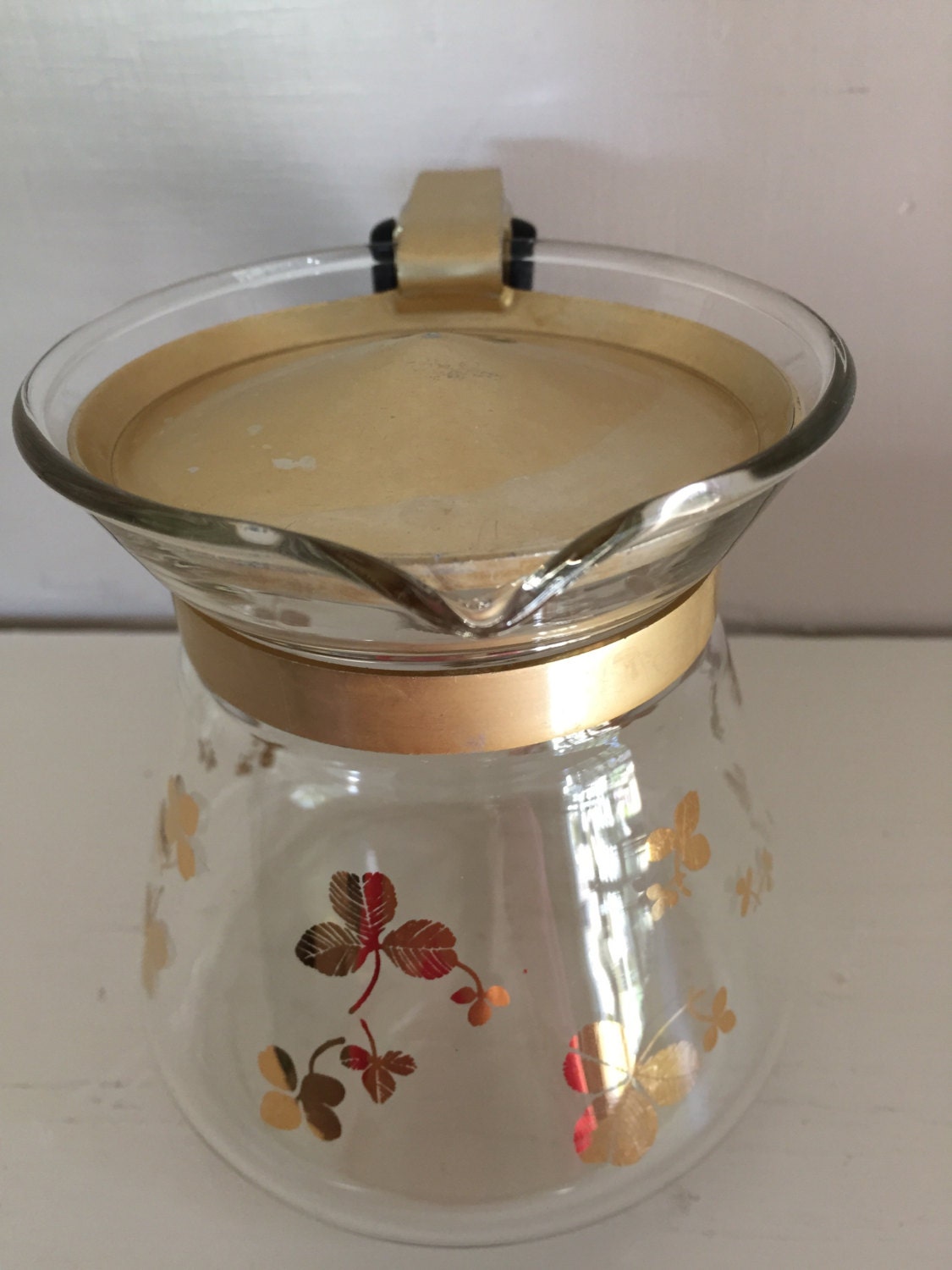 Vintage Pyrex Carafe, Golden Shamrock Carafe with gold lid, Pyrex glass