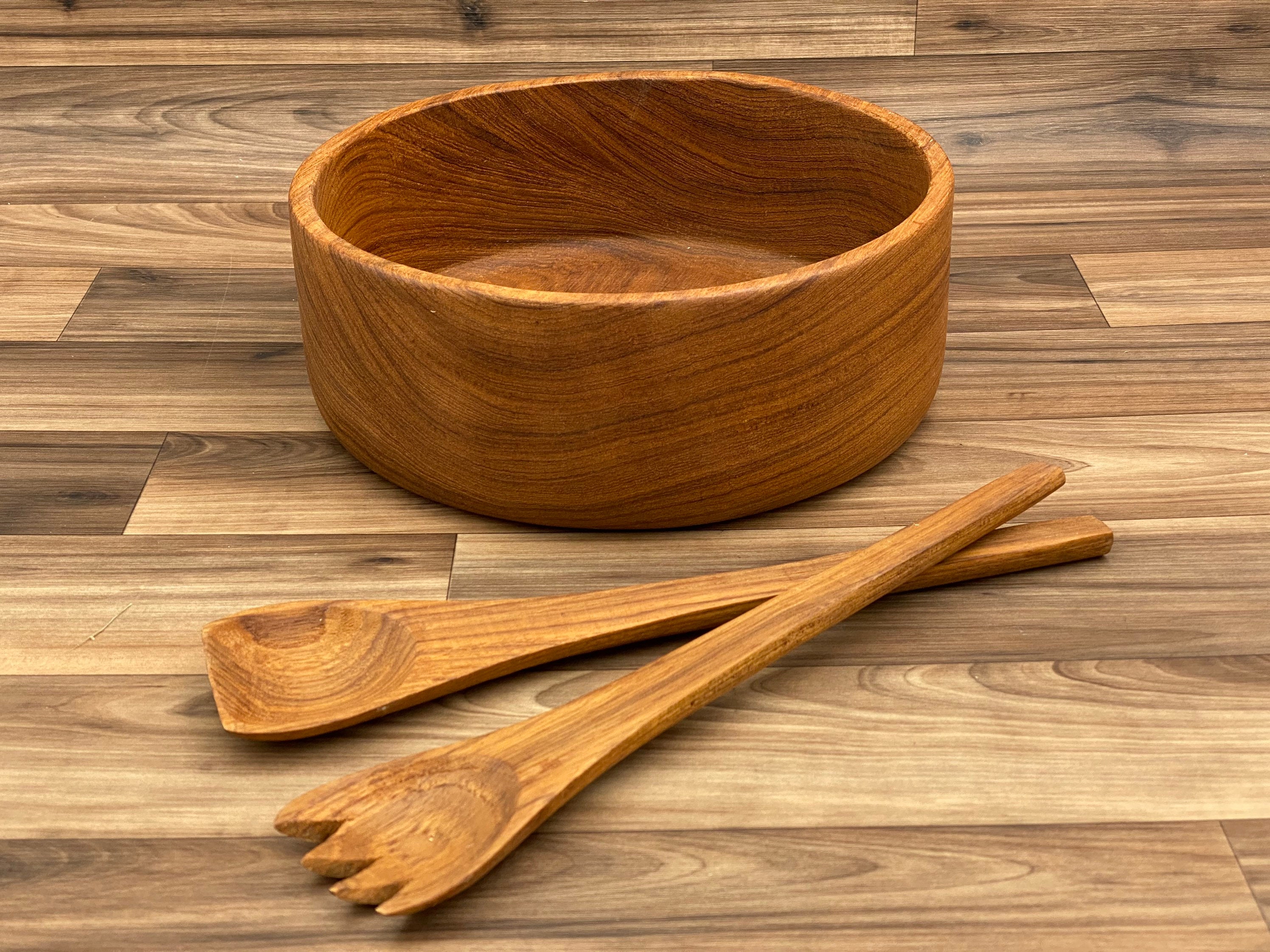 Vintage Salad Bowl Serving Set, Genuine Teakwood, Goodwoods Rustic Home