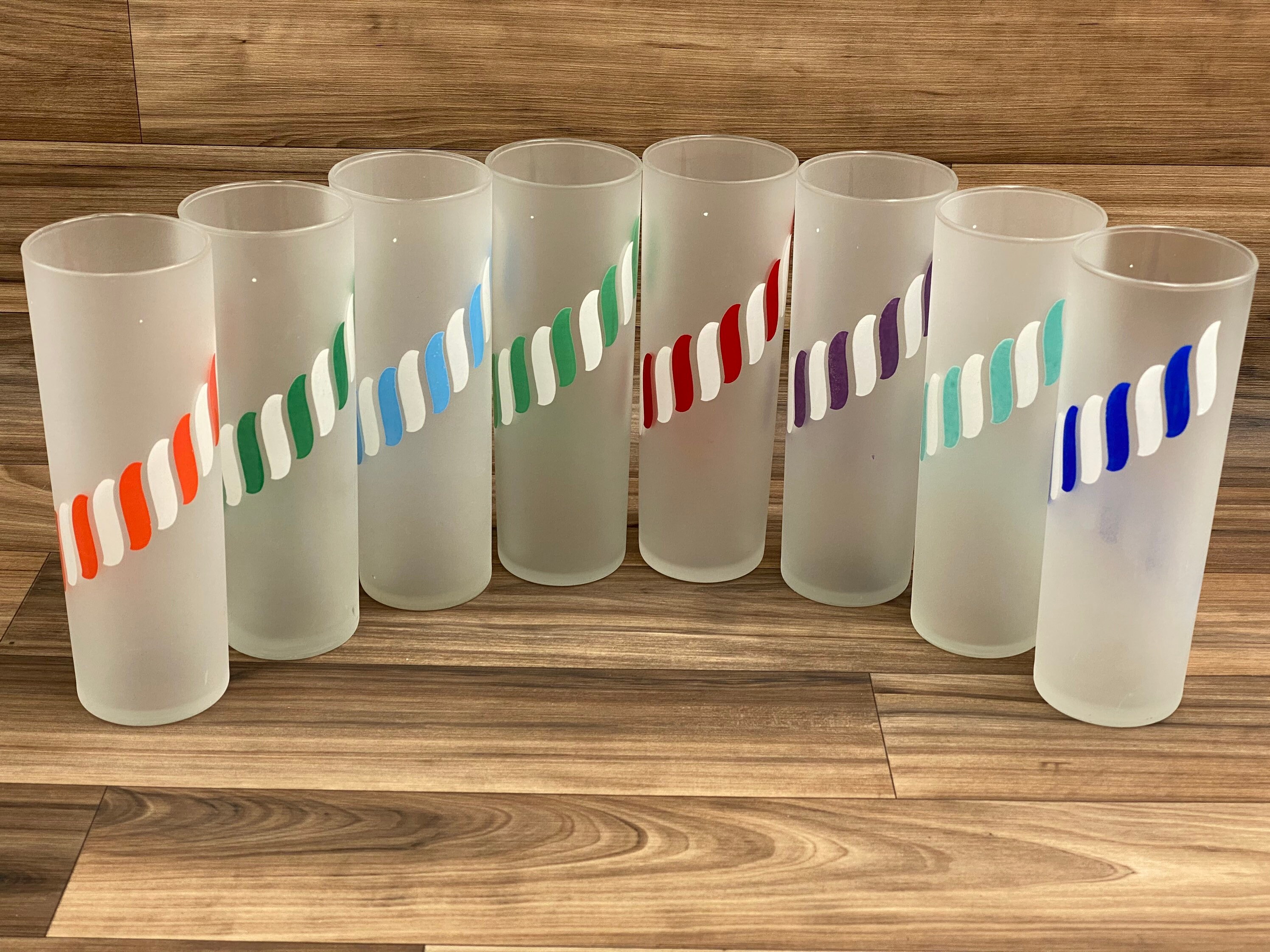 Vintage Libbey Candy Stripe glasses, set of 8 White frosted Iced drink
