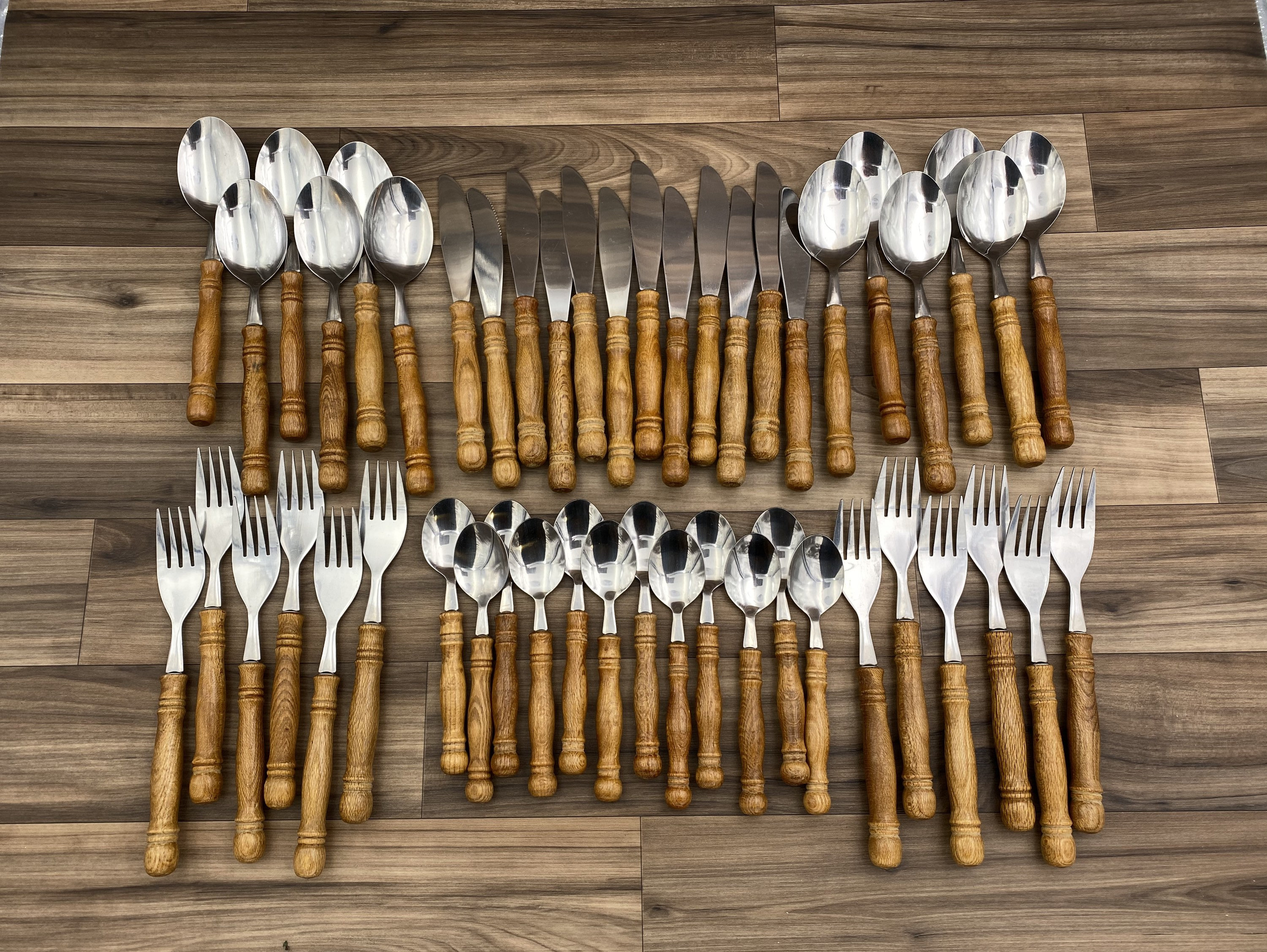 Vintage Wood Handled Flatware Set Service For 12 Colonial Style