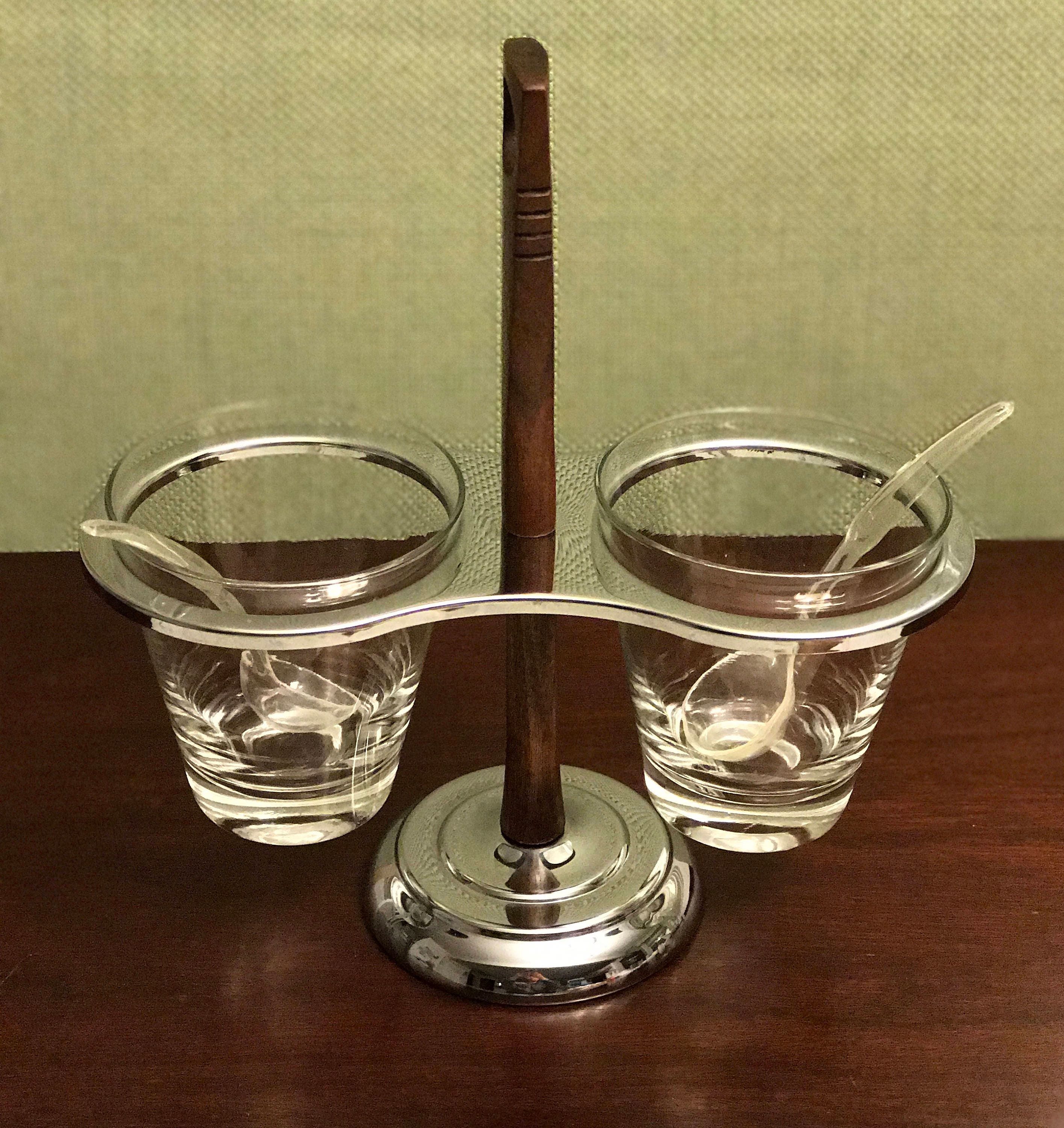 Condiment Set Danish Modern, Lazy Susan Condiment set, Wood Chrome