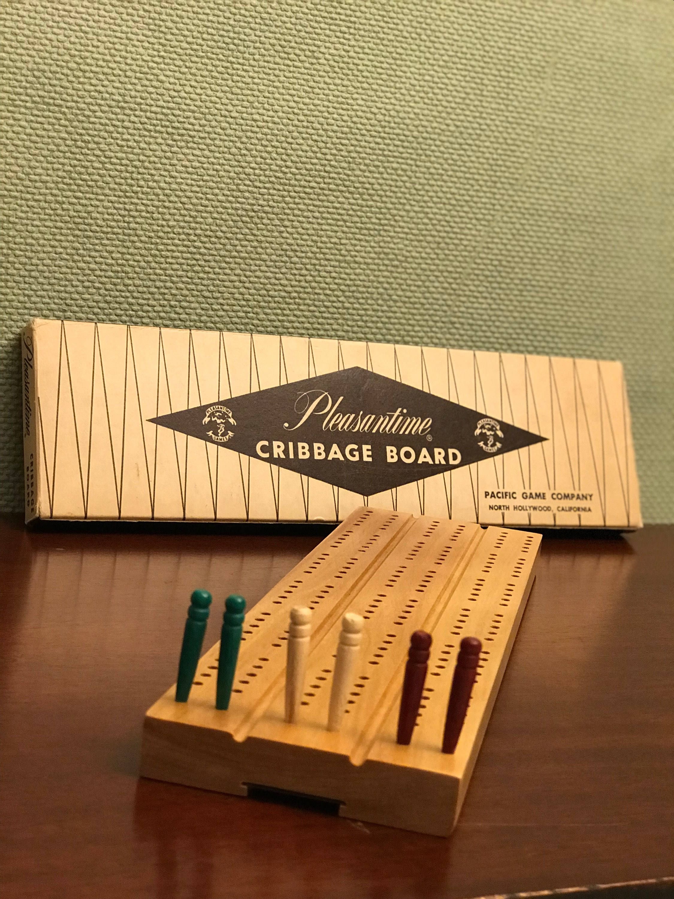 Vintage Cribbage Board, Wooden Cribbage board with 6 pegs. Pleasantime Cribbage board 705