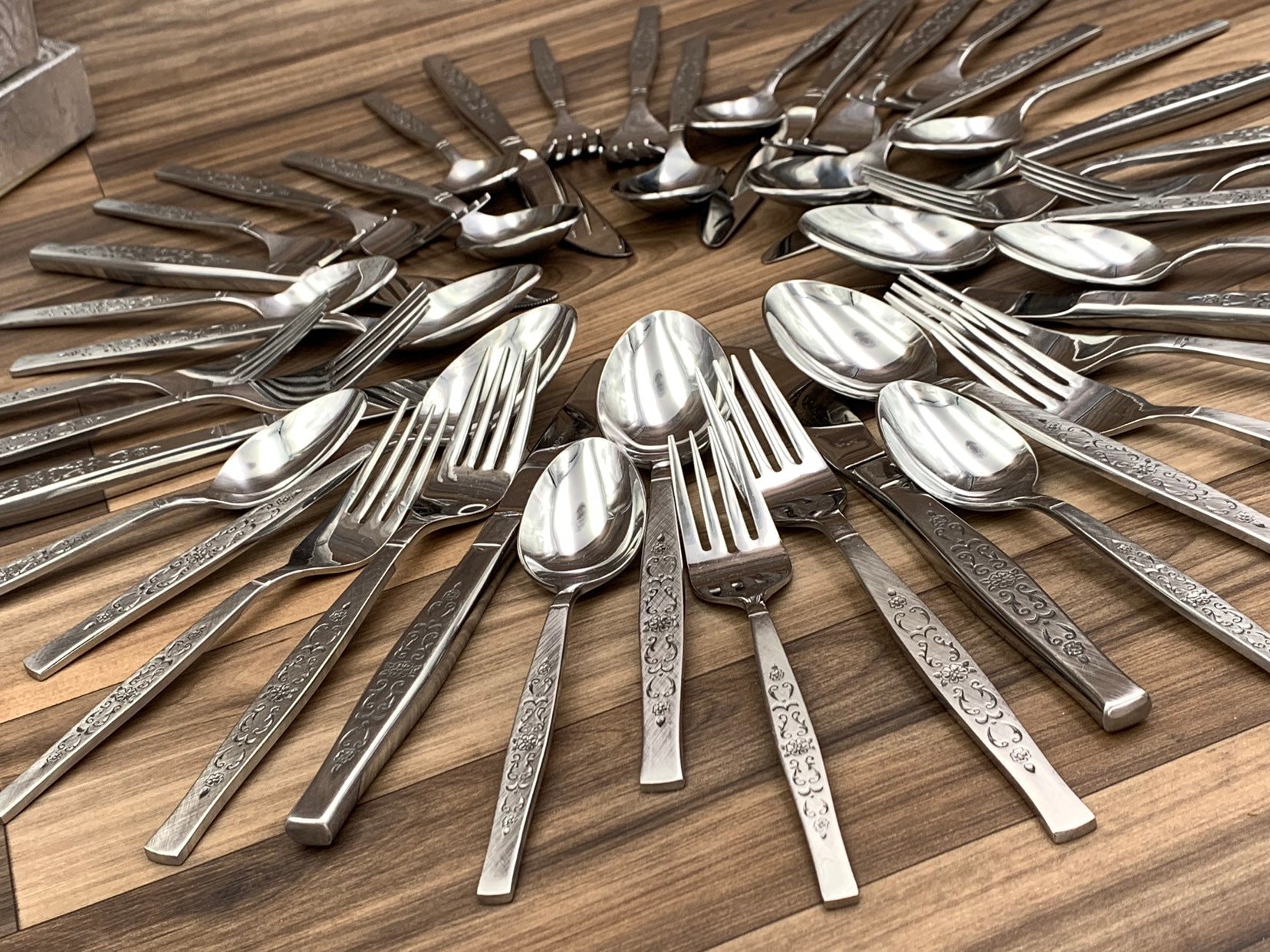 Mid Century Stainless Flatware set by Ekco Dania Floral handle MCM