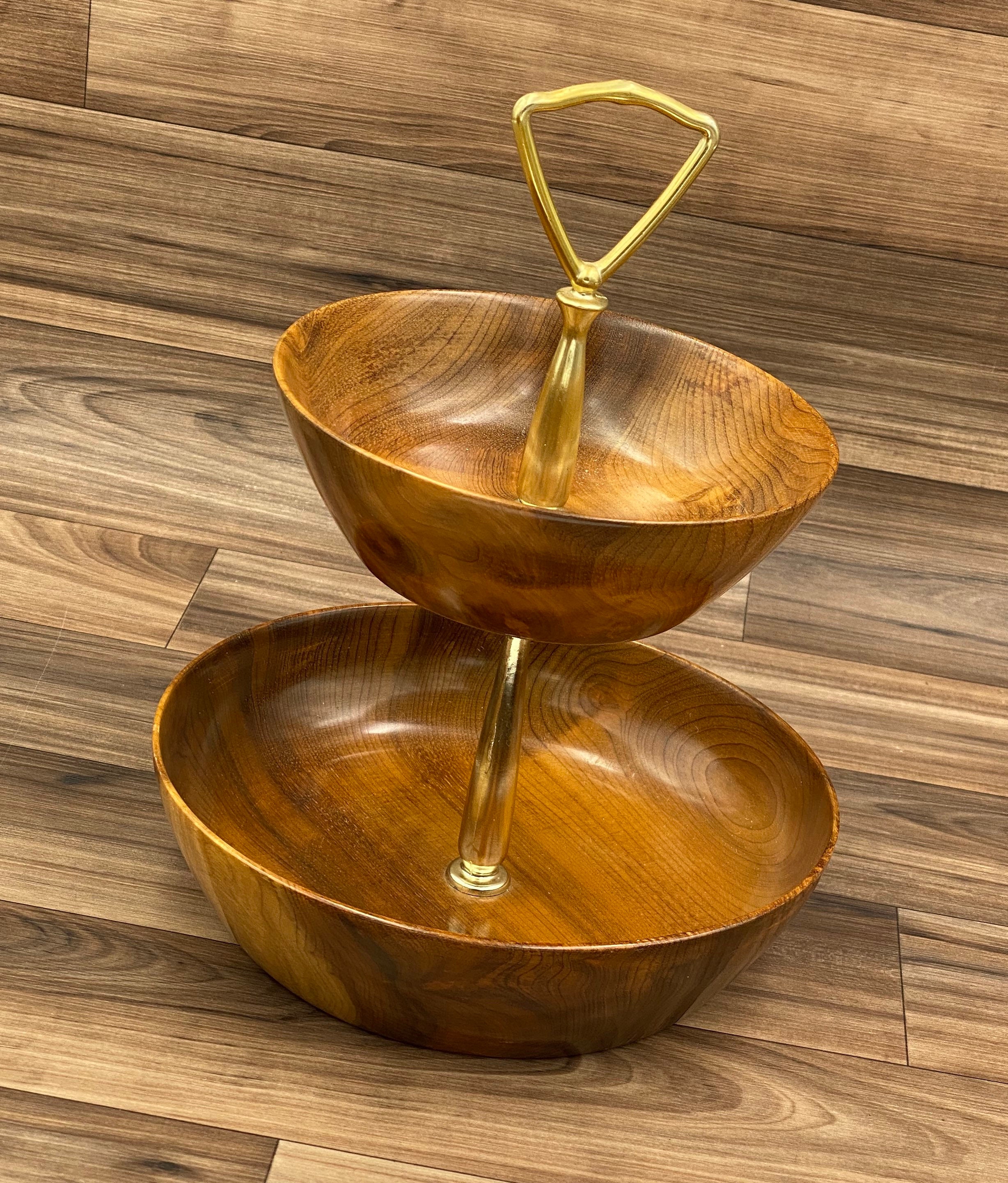 Rare Myrtle wood 2 tier tidbit Serving Bowl trays with handle