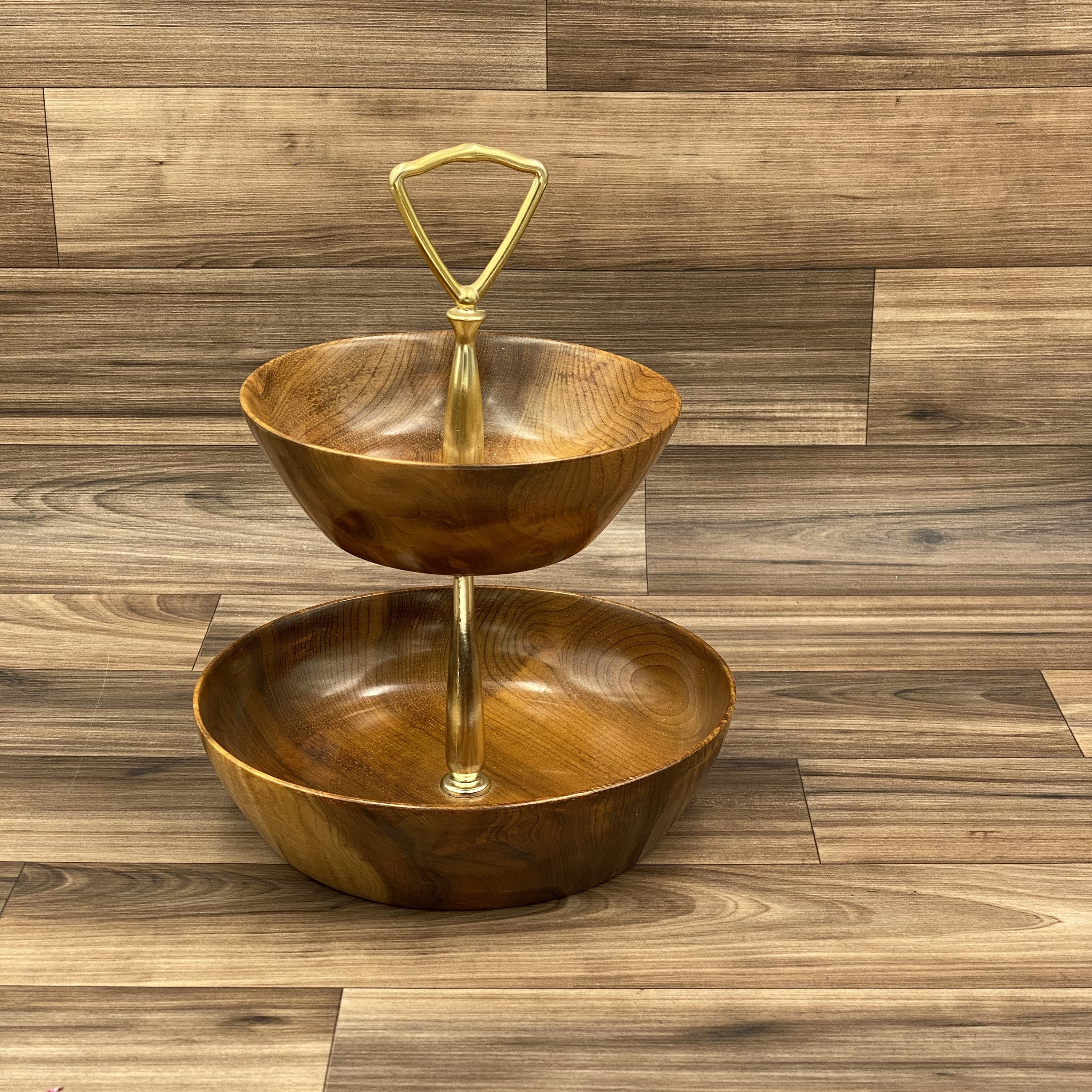 Rare Myrtle wood 2 tier tidbit Serving Bowl trays with handle