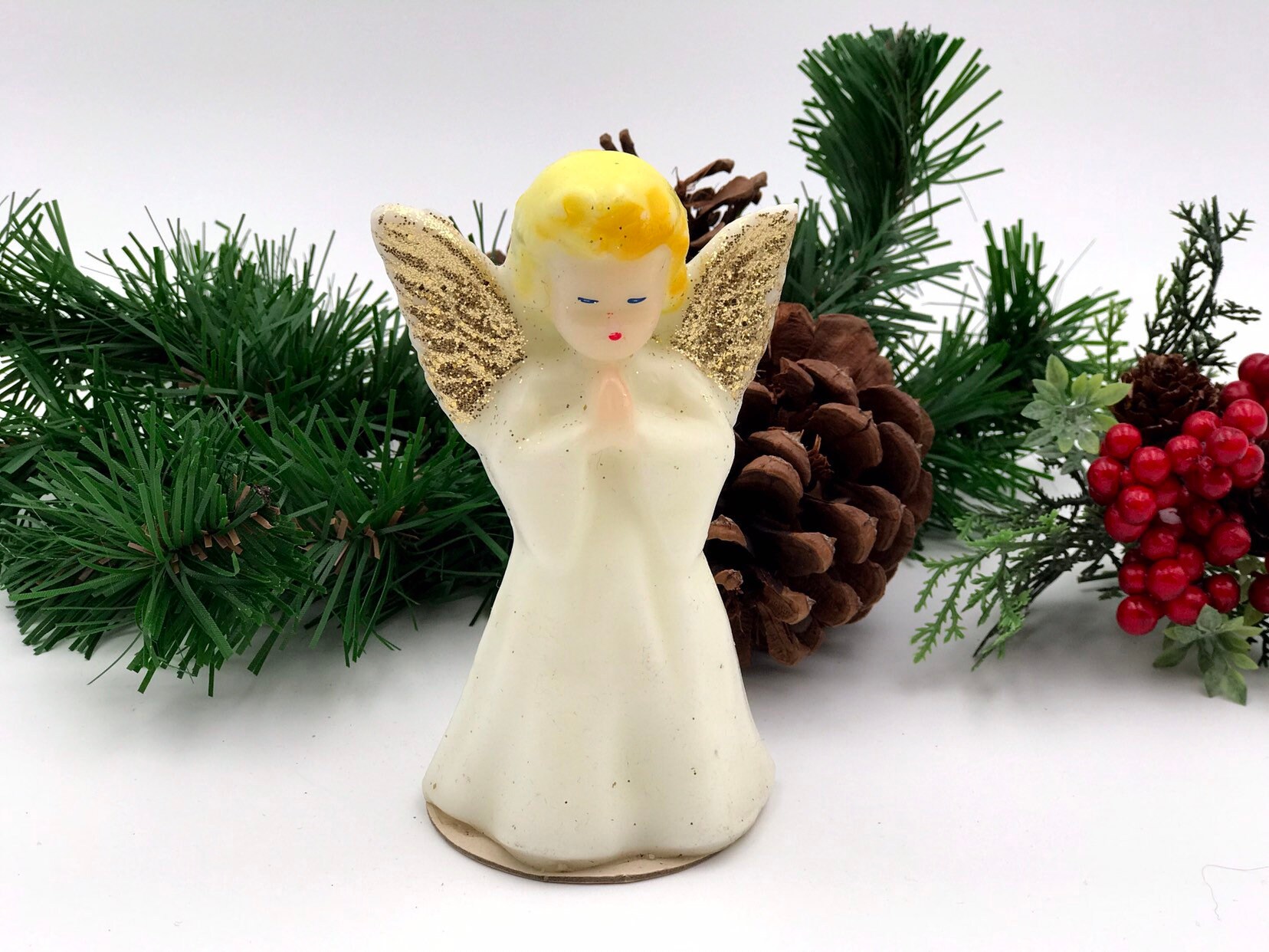 Vintage Angel Figurine Candle by Gurley, White and Gold Christmas Angel