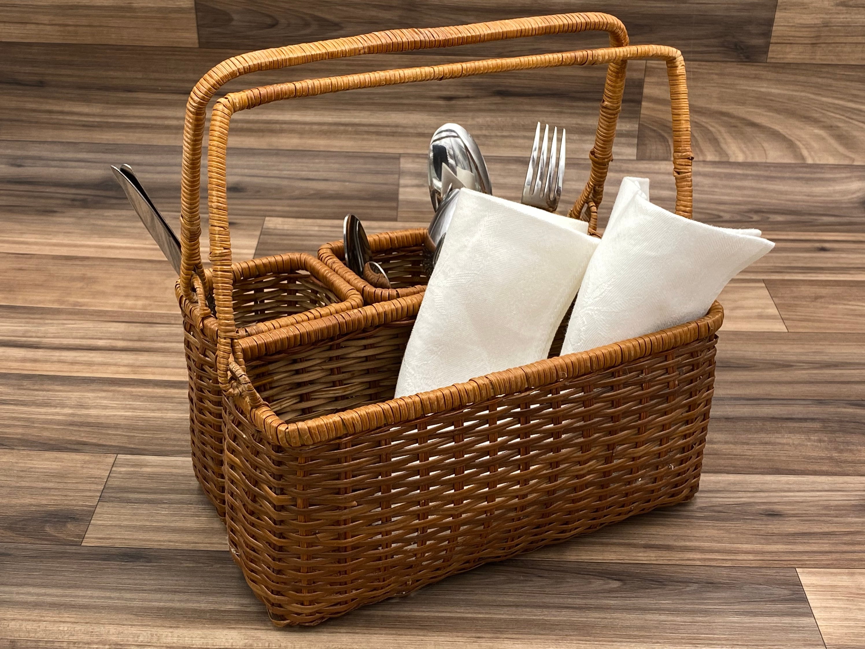 Vintage Flatware caddy, silverware holder, Basket carrying bin, Utensil