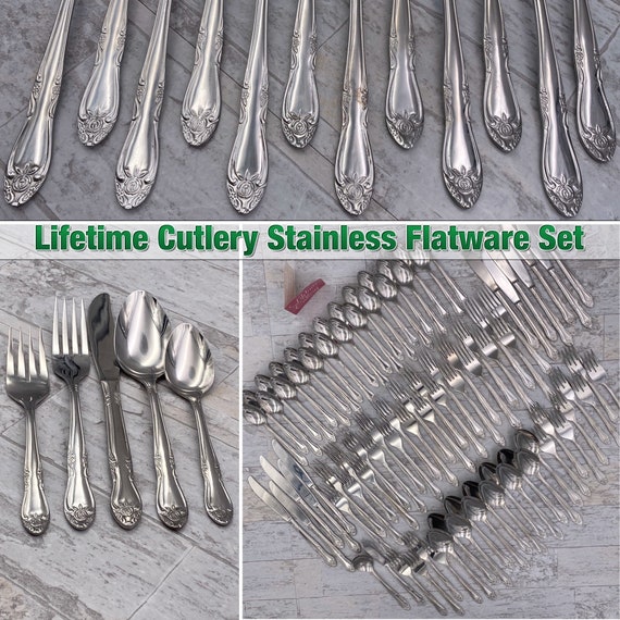 Vintage Stainless Flatware set Service for 12 Silverware set Lifetime Cutlery Golden Label Rose Excellent Condition