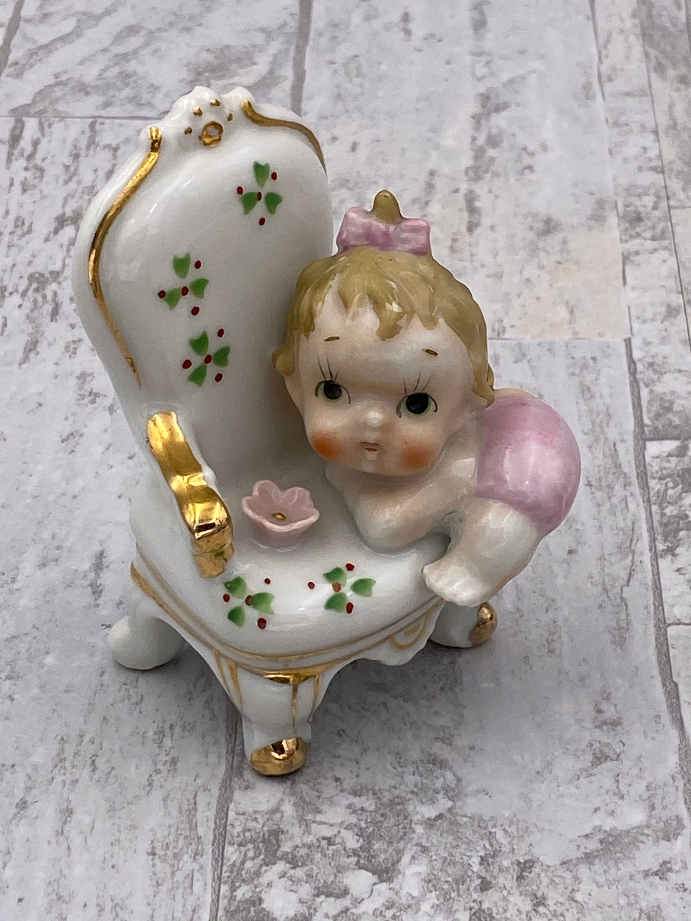 Vintage porcelain Baby Figurine climbing chair, Baby shower Gift