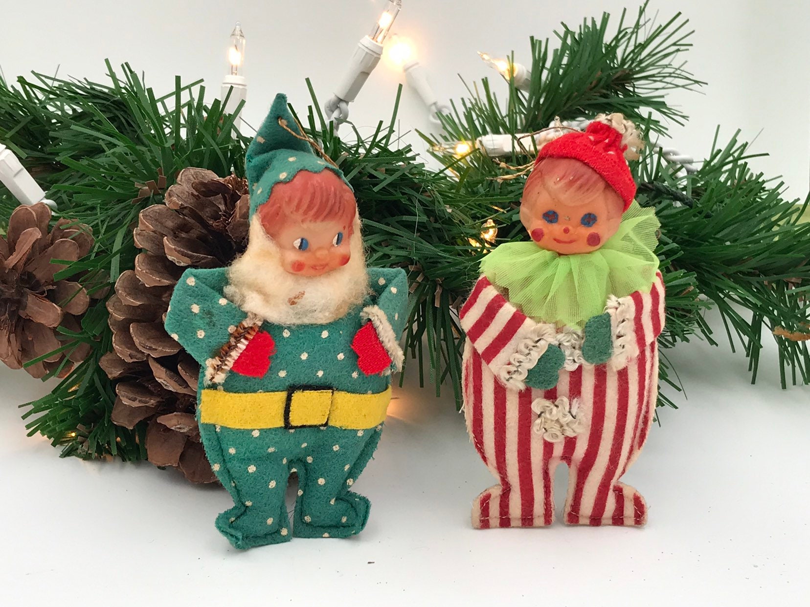 Vintage Pixie Elf Ornaments, Christmas Clown Elves with rubber faces