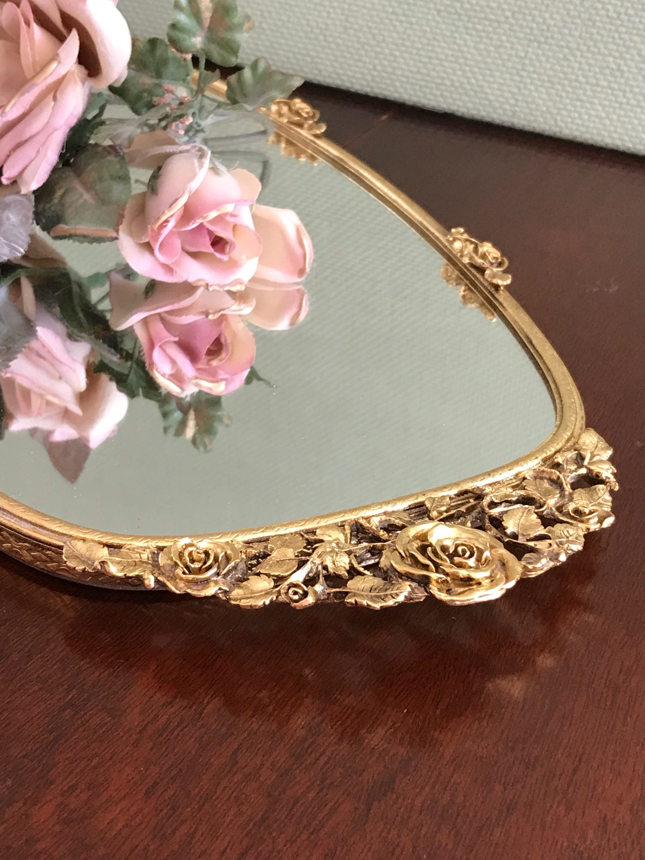RESERVED FOR KATE Vintage Gold Roses Vanity Mirror Tray, Matson 24ct