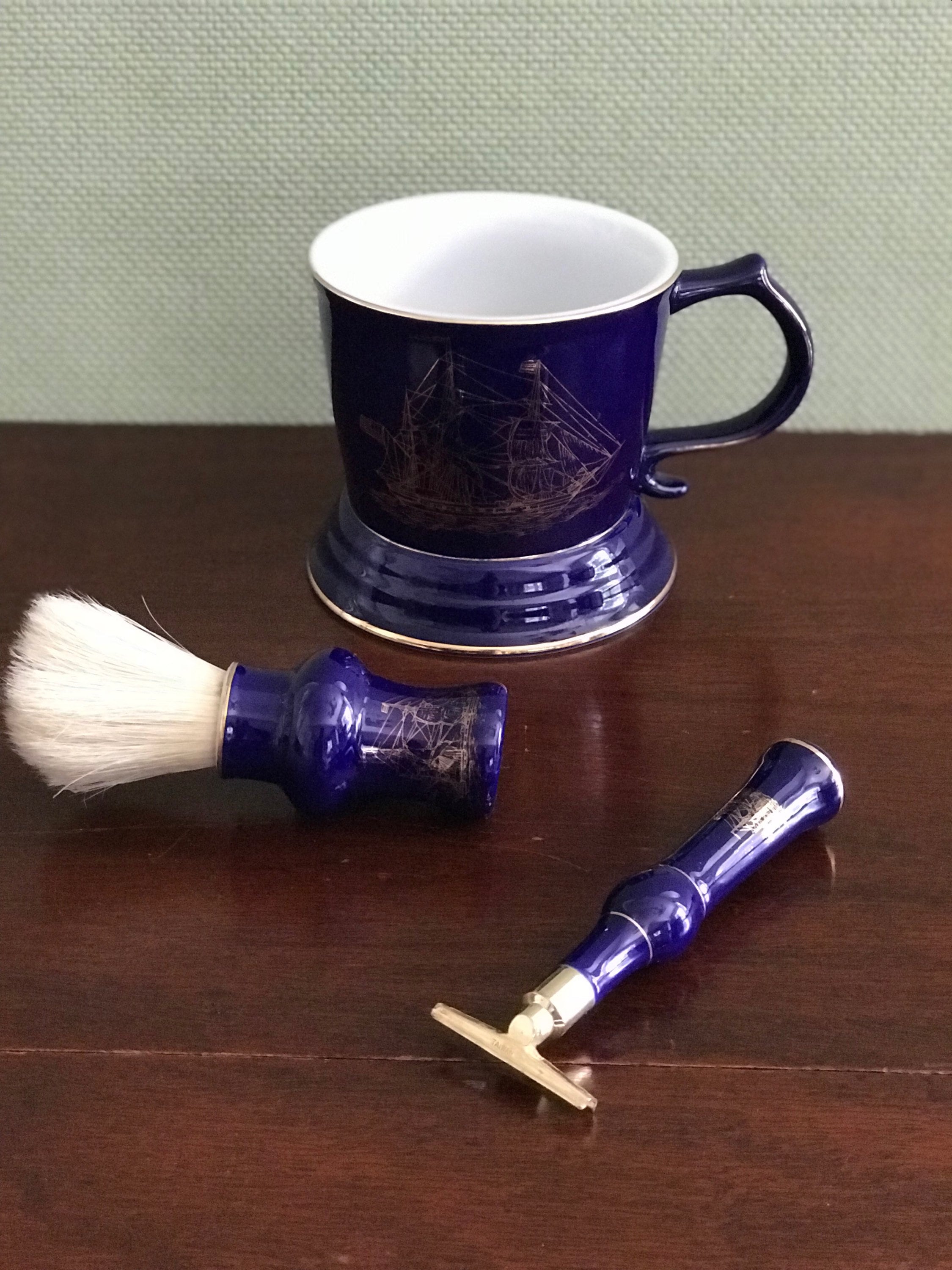 Vintage Blue Shaving Mug, Ceramic Shaving Mug with Ship, shaving brush, Razor, Collectible