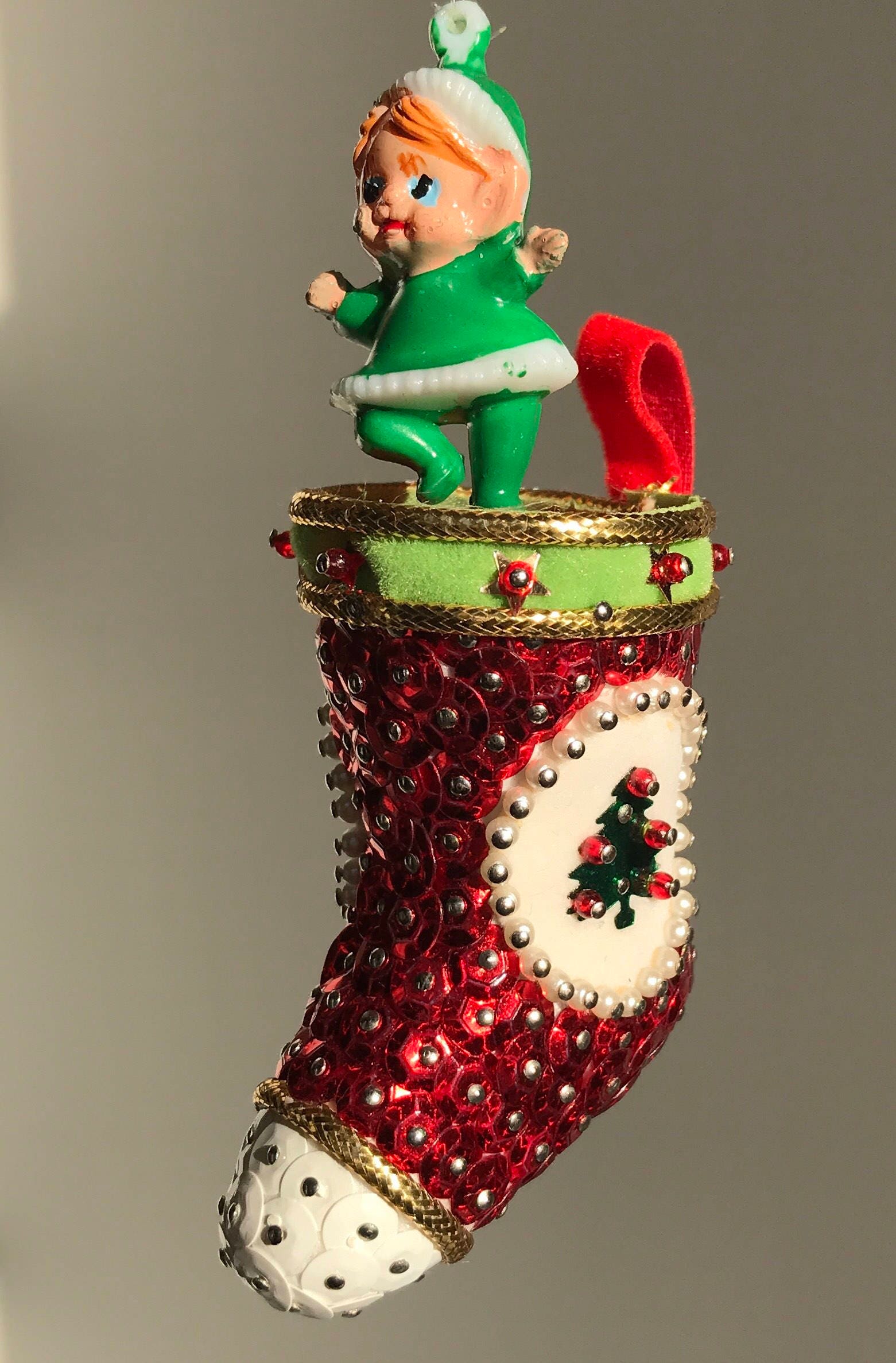 Vintage Beaded Sequined Christmas stocking Ornament set, Pixie Elf