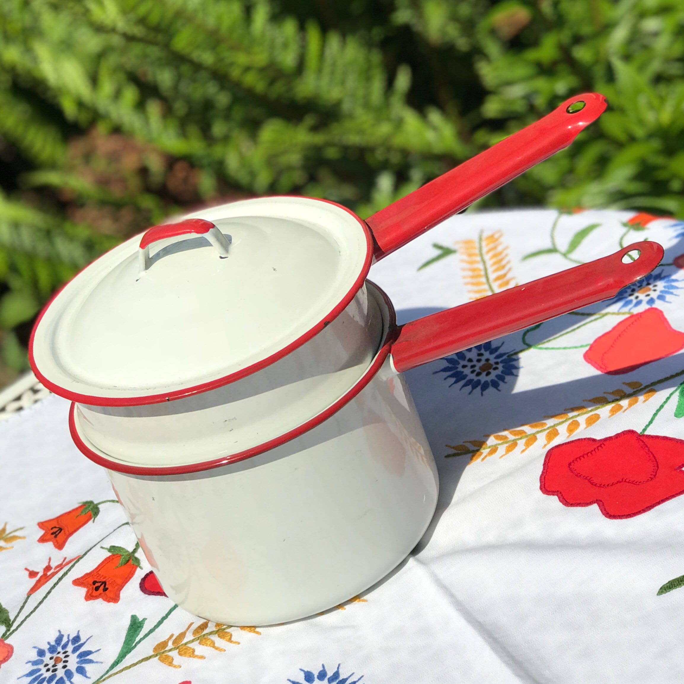 Vintage Red White Enamelware Pan, Enamel ware Double boiler, Enamel pan