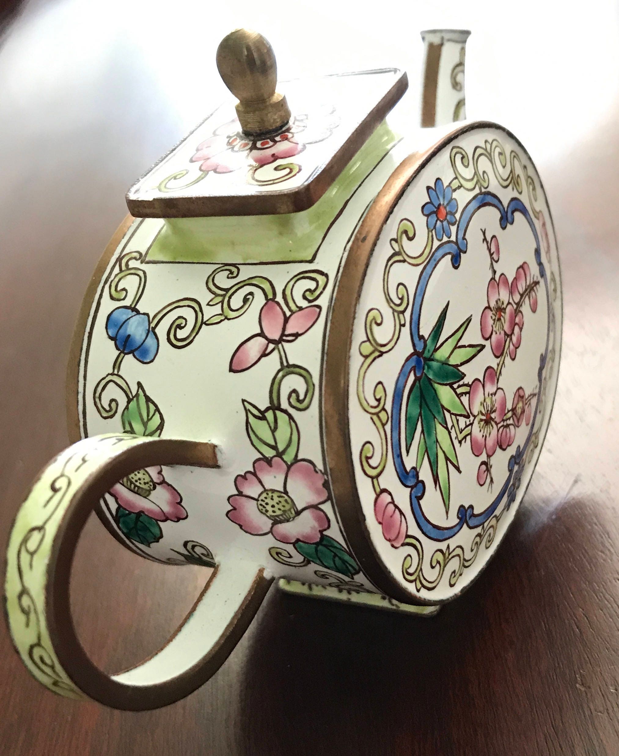 Kelvin Chen Teapot, floral enamel mini Teapot, collectible Teapot