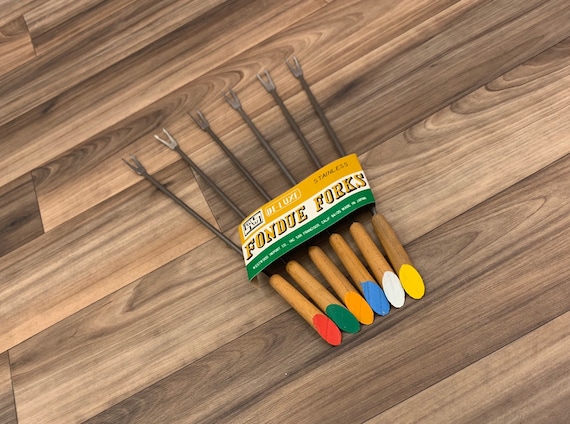 Vintage Fondue Forks teakwood Handles stainless steel with Color Coded ends, Set of fondue forks