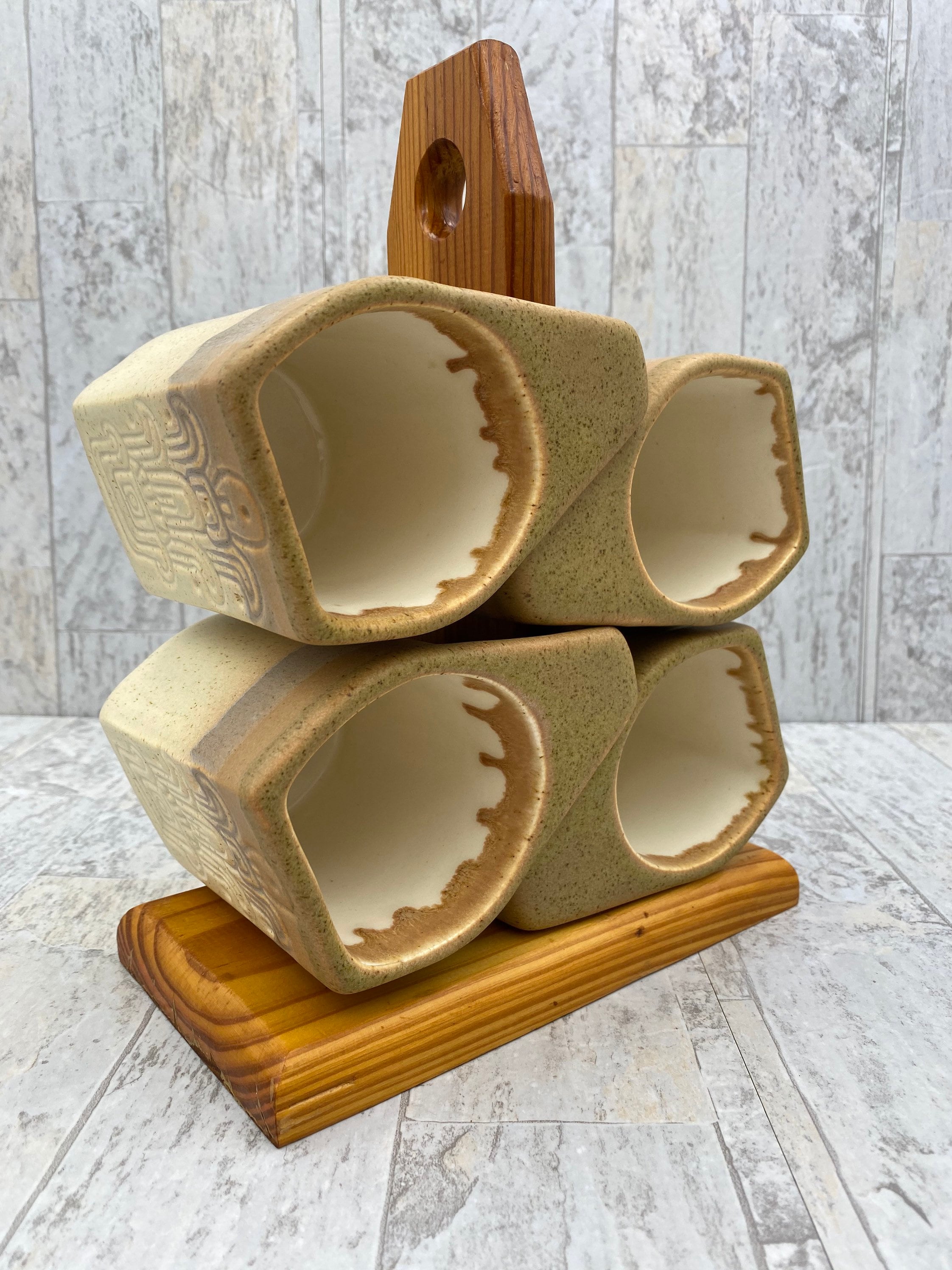 Stoneware mugs, Aztec design Padilla mug set Goemetric Drip glaze mugs