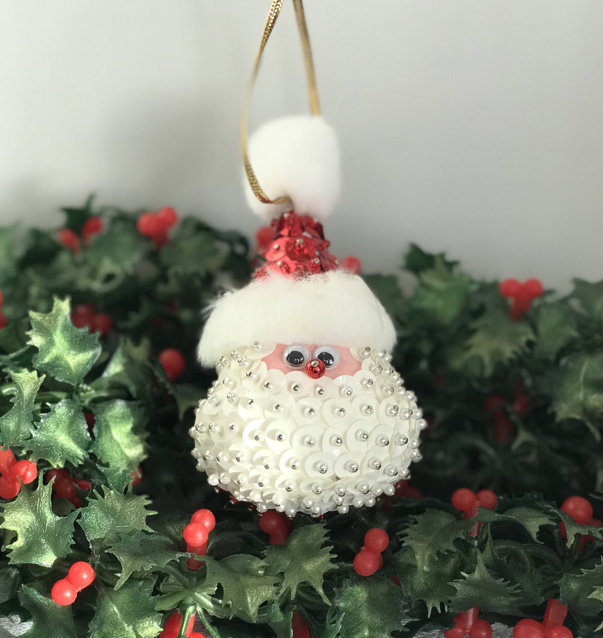 Vintage Santa Ornament, sequined and beaded, Red White Bauble, Ornate