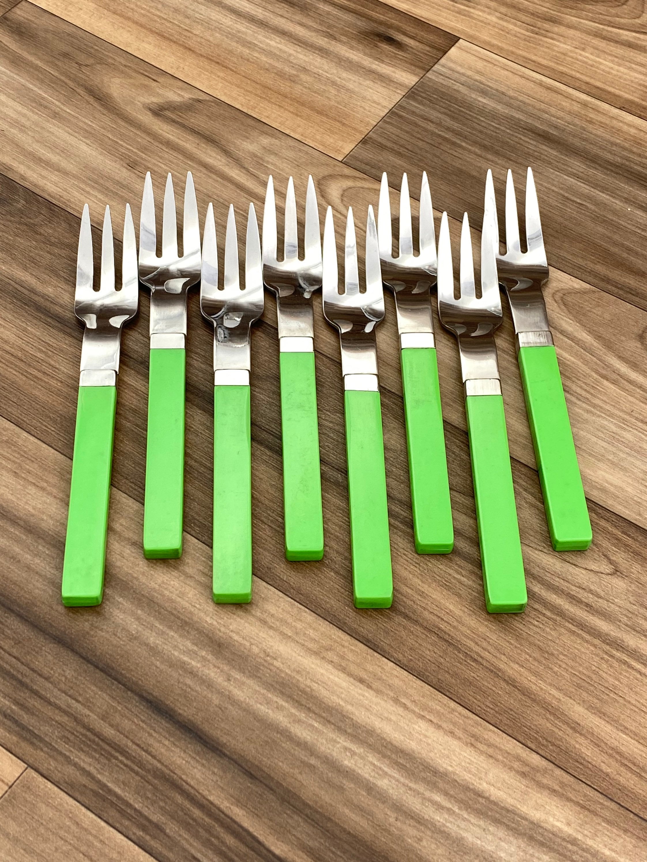Vintage Stainless Flatware set Garden Green Plastic Handles, Retro
