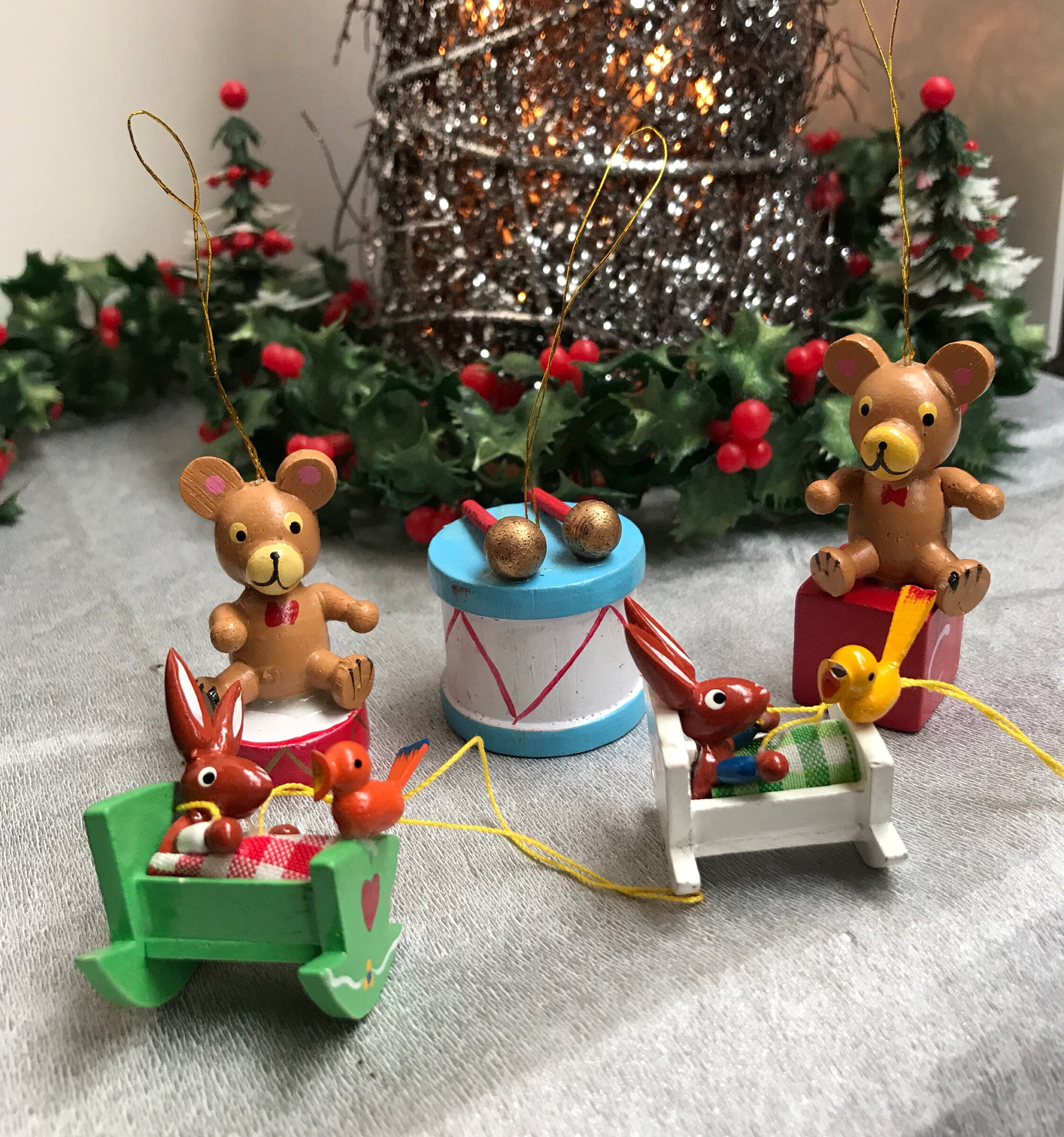 Vintage Wooden Christmas Ornaments, set of miniature toy Christmas