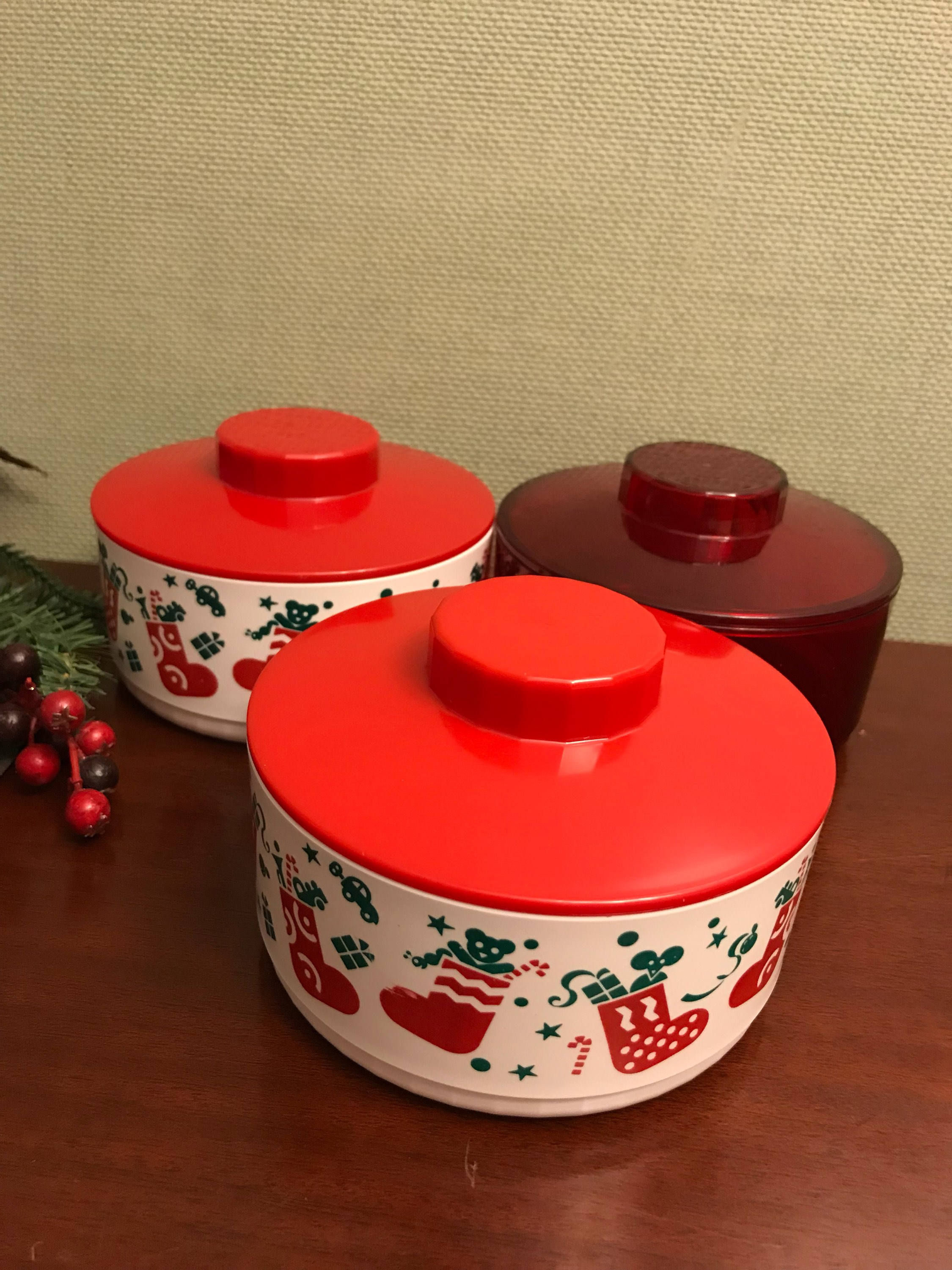 Vintage Tupperware Christmas Canisters, 3 Stacking Cookie containers