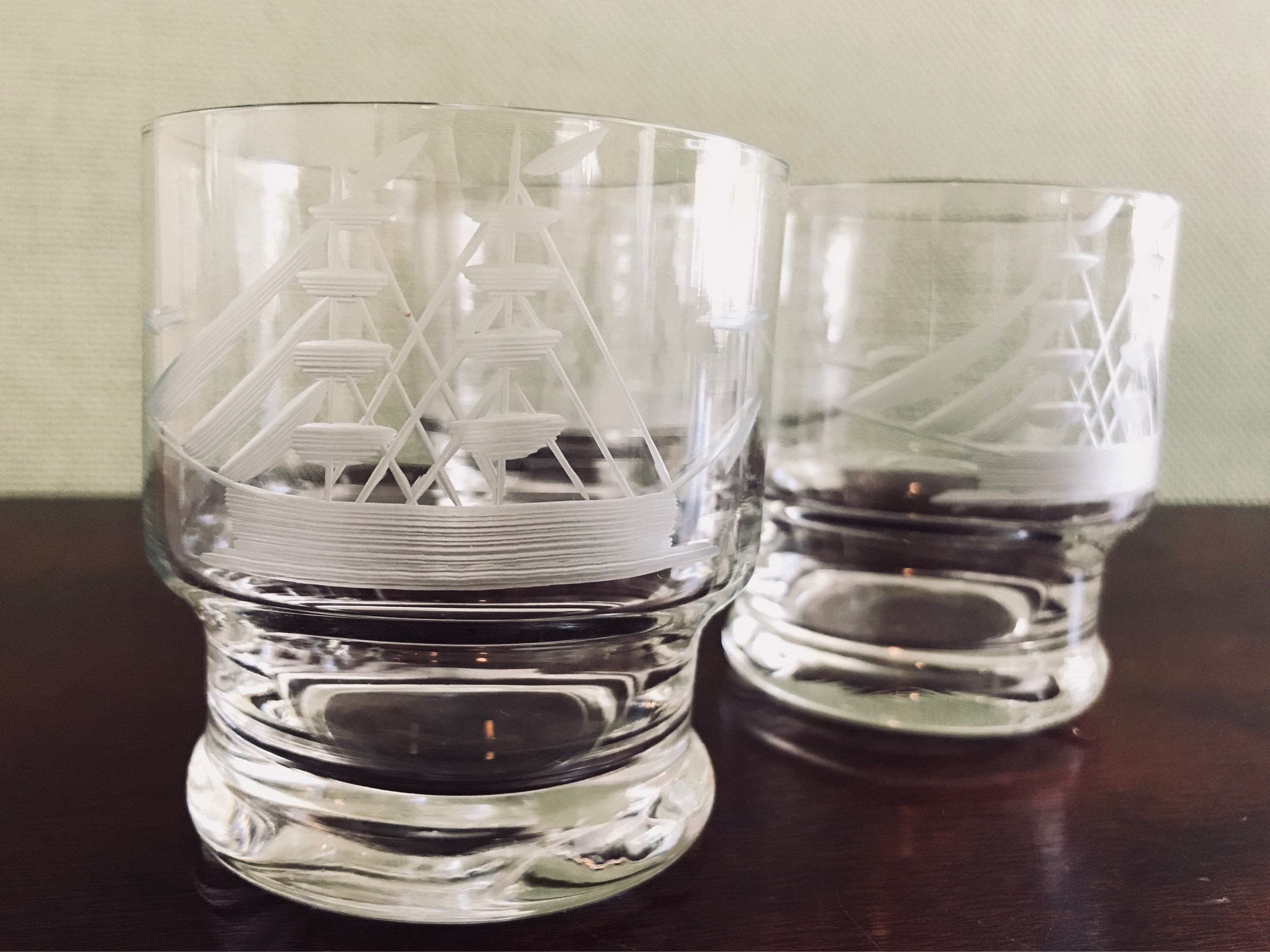 Vintage Glasses with Ships, Nautical etched Glasses, Drink ware set