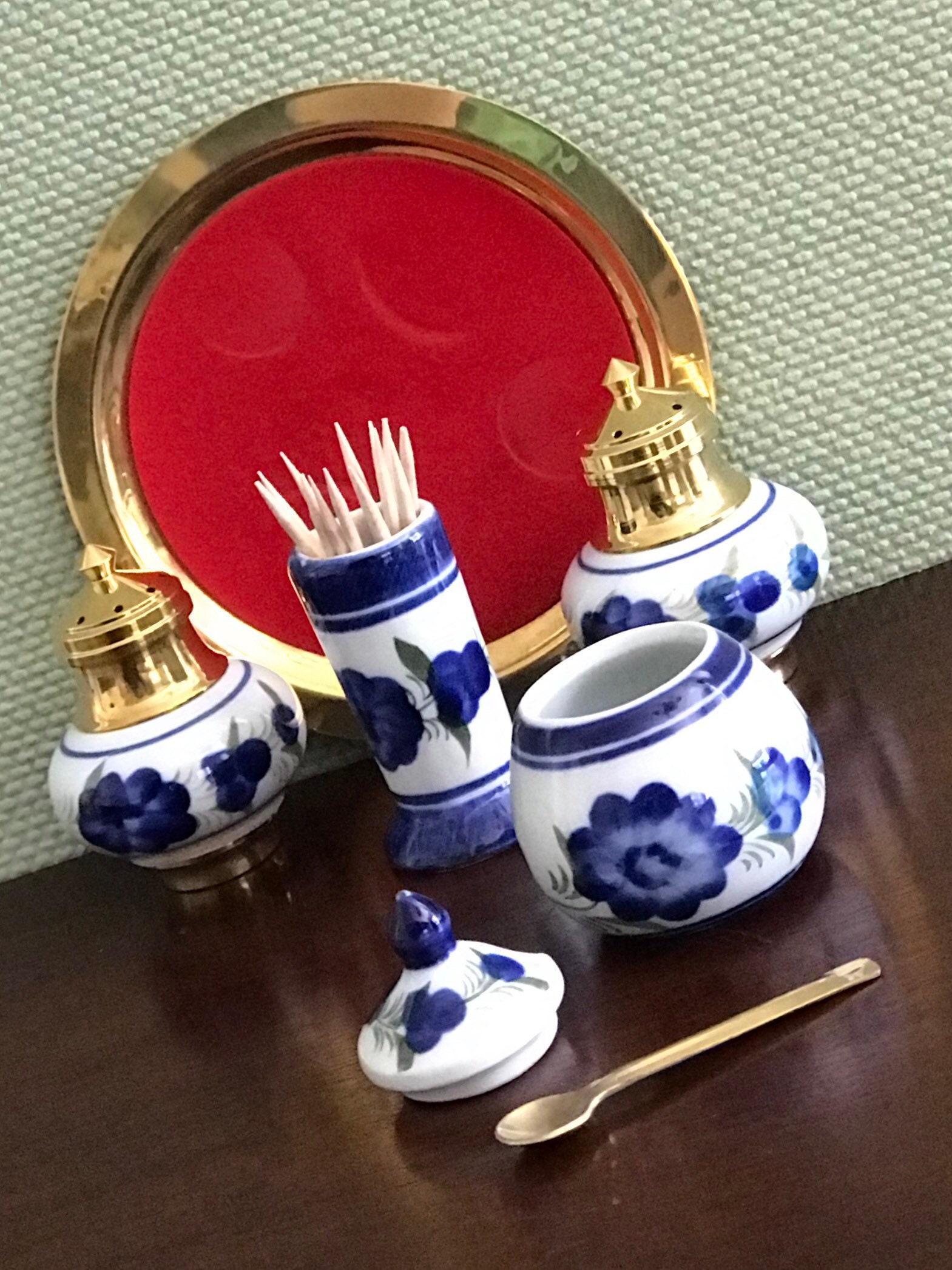 Mini Condiment set, Vintage Blue and White China Condiment set, Handpainted collectible salt and