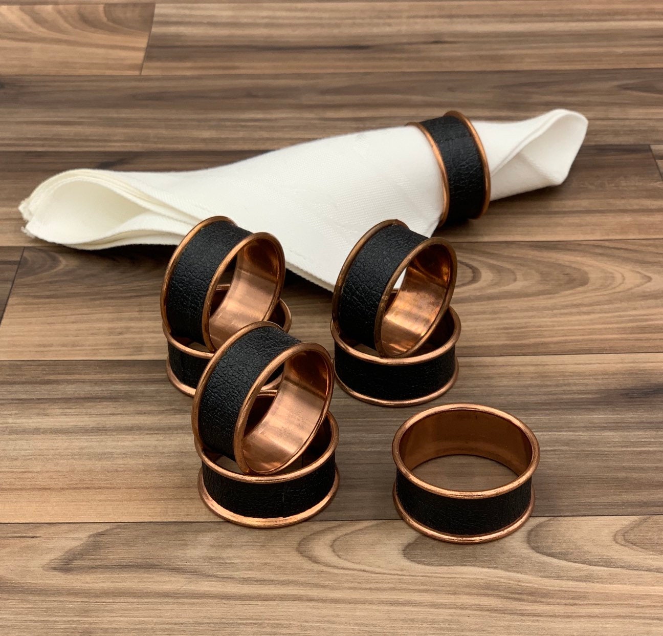Vintage Napkin Rings, Rolled rim Copper and Black Napkin rings, 8 piece