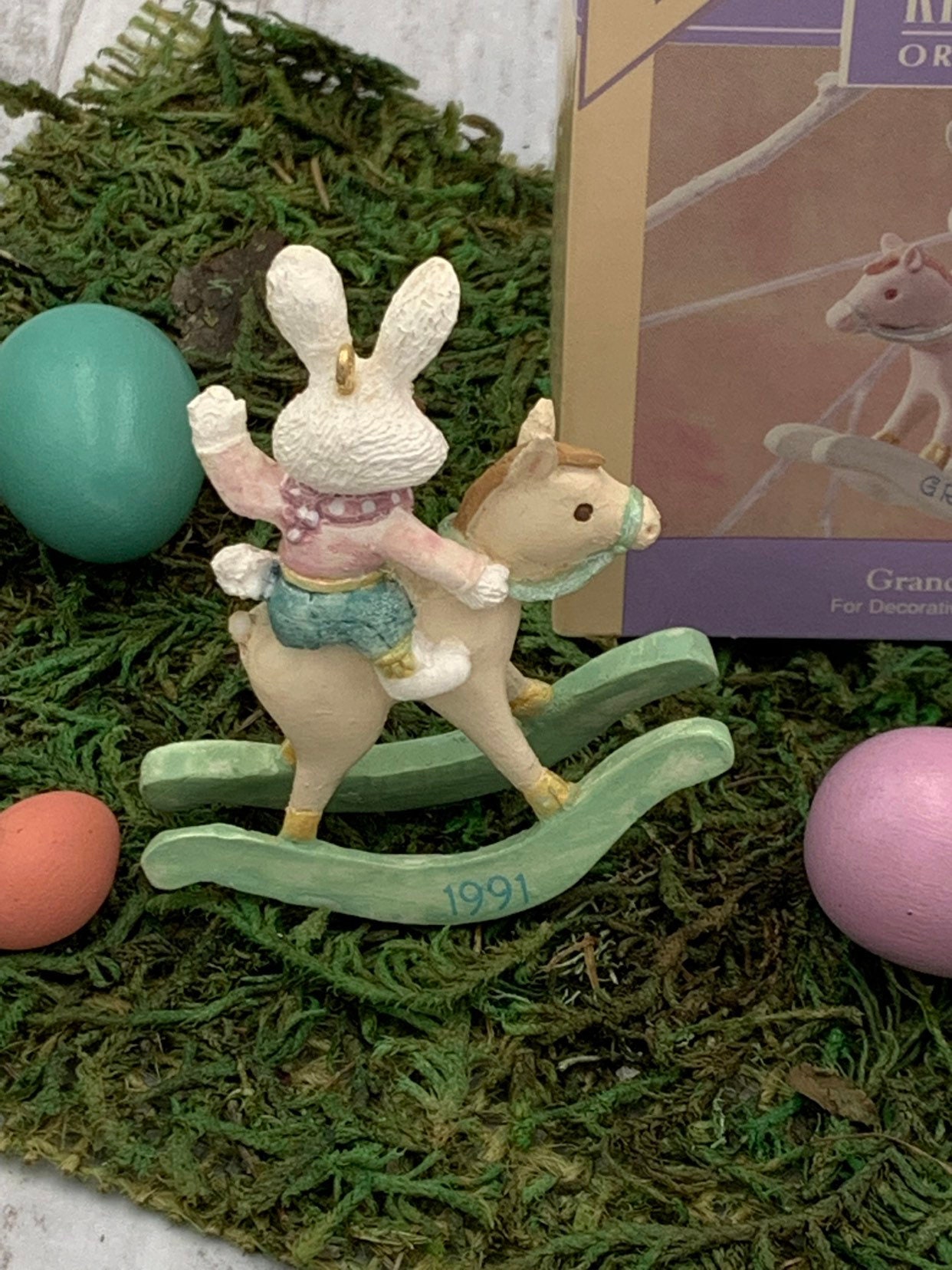 Vintage Hallmark Easter Ornament, Easter Bunny on a rocking horse, 1991