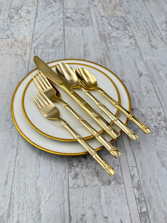 Vintage Gold Flatware set, Bamboo Golden Borneo Pattern, Present 5th Avenue, service for 8