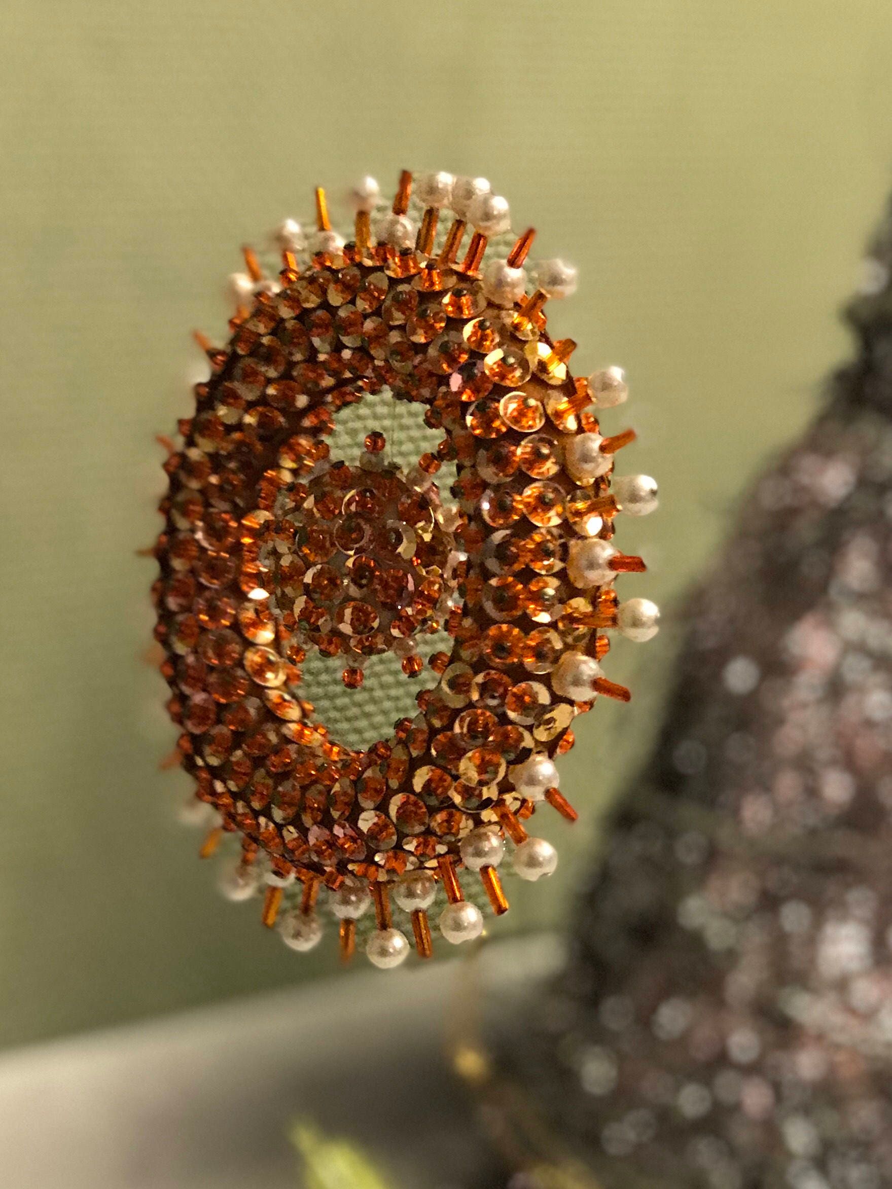 Vintage Beaded Sequined Christmas Ornament set, Birds, Round Orange