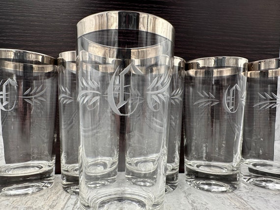 Mid Century Modern Glass Set, Etched C Monogram Silver Rim Drinkware Dorothy Thorpe Style