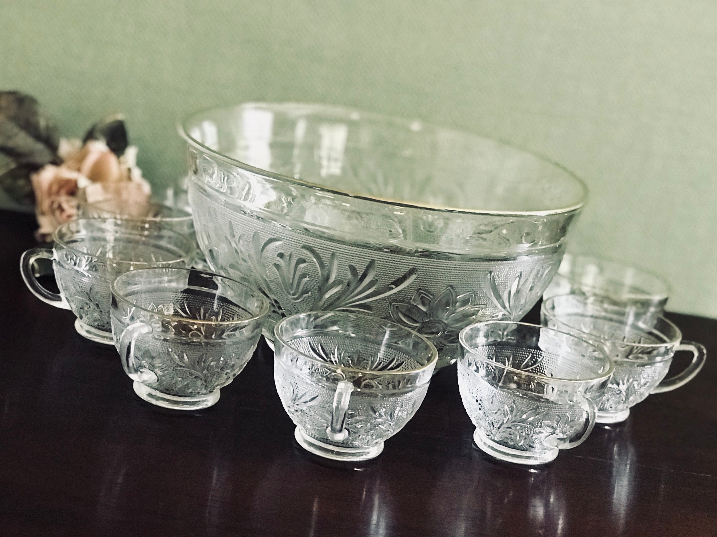Vintage Sandwich Glass Punch Bowl and matching Glasses, Sandwich clear