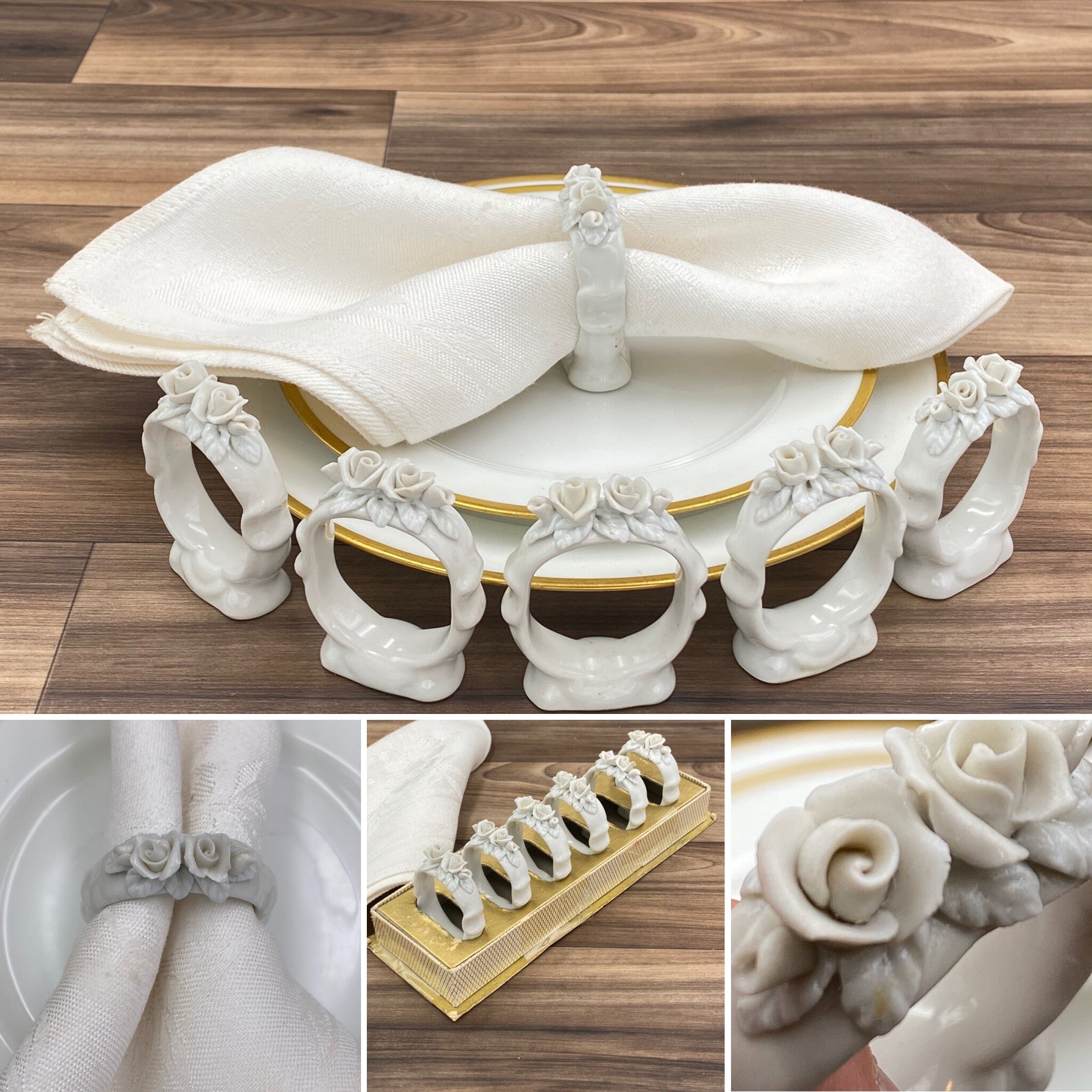 White Rose Porcelain Napkin Rings, Set of 6 Made in Germany, Vintage