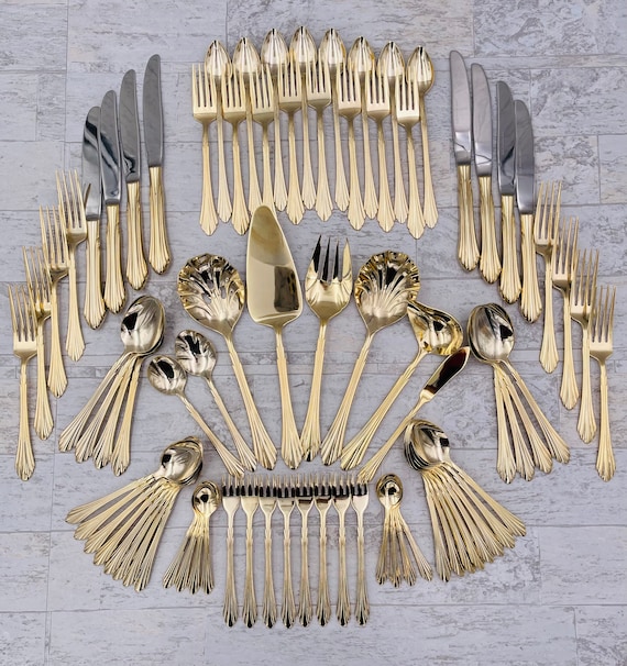 Vintage Flatware set, Retroneu Excel Barrington Gold, Gold plated Stainless, service for 8, Gift for Her