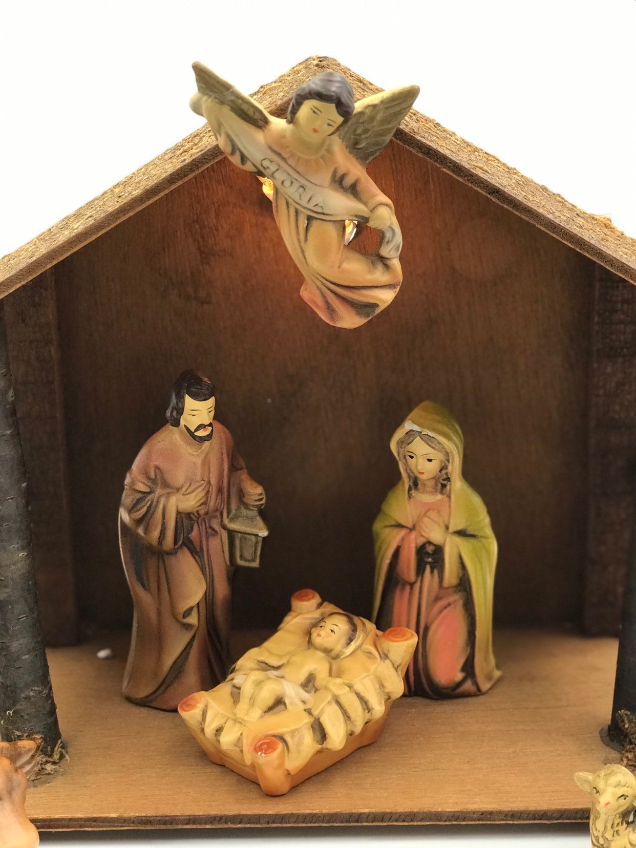 Vintage Nativity set with Wooden Crèche, Hand painted Figurines made in Japan Christmas Nativity