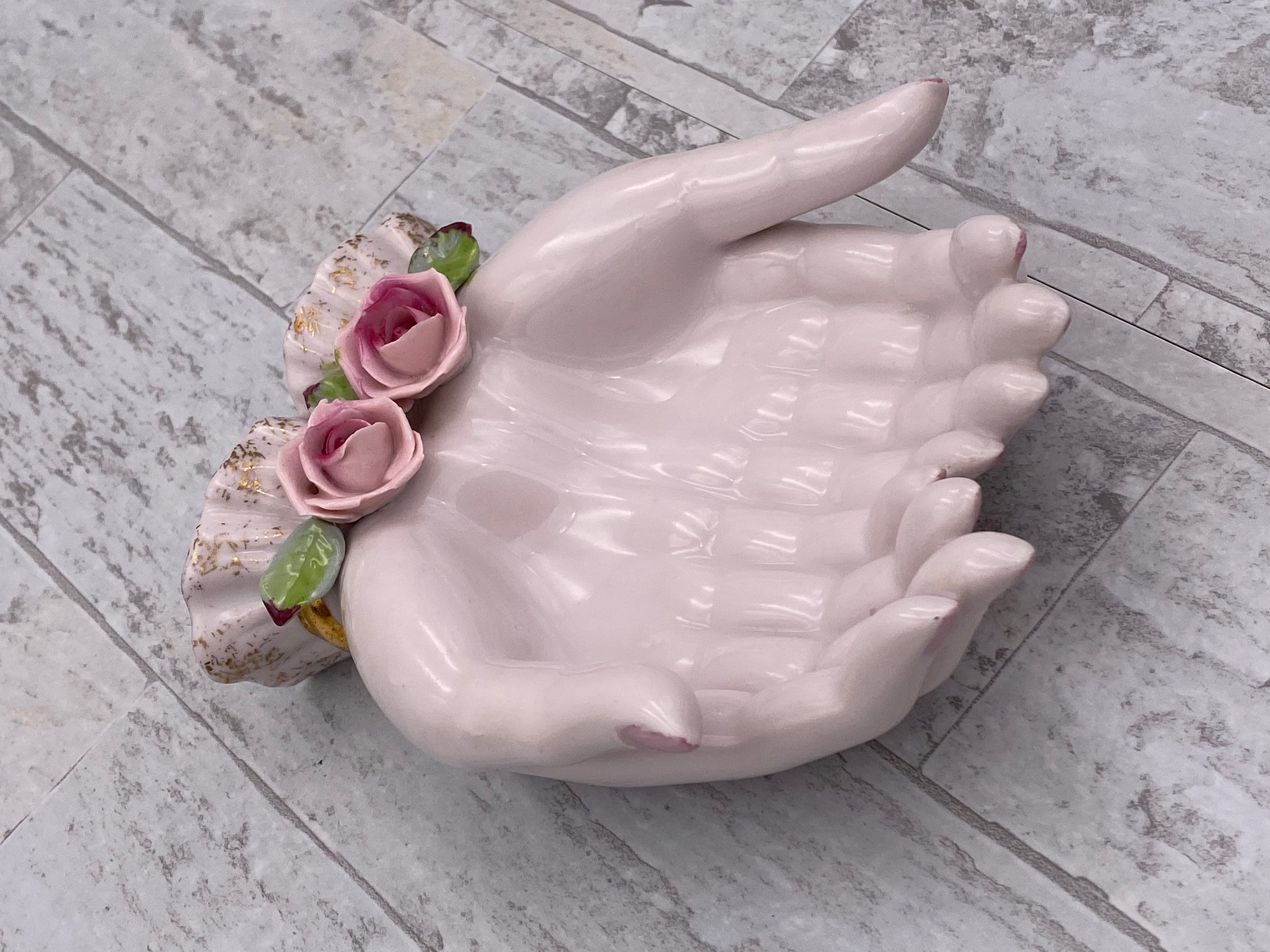 Vintage Pink Porcelain Open Hands With Roses Japan Victorian