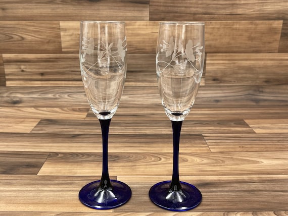 Vintage Princess House Cobalt Champagne Flutes, Heritage Pattern, Etched Floral glasses, set of 2