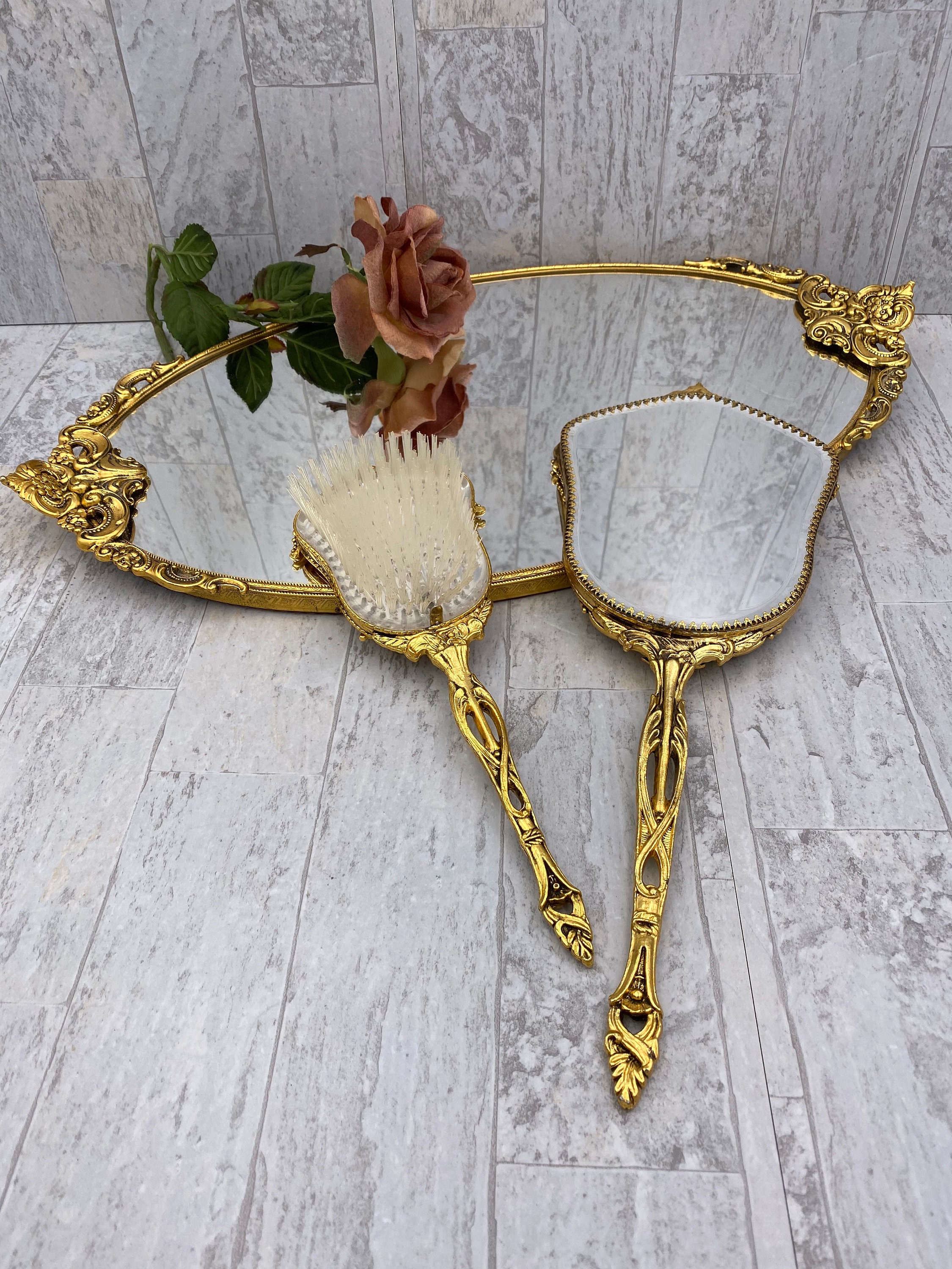 Vintage Vantity Set, Stylebuilt 24 kt Gold Plated Ormolu Dresser mirror