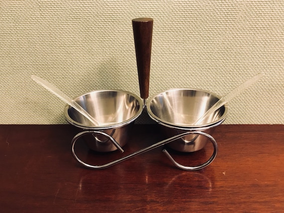 Vintage Condiment Set, Danish Modern Condiment set, Teak Wood stainless 2 cup server, Condiment server in caddy, Foodie gift